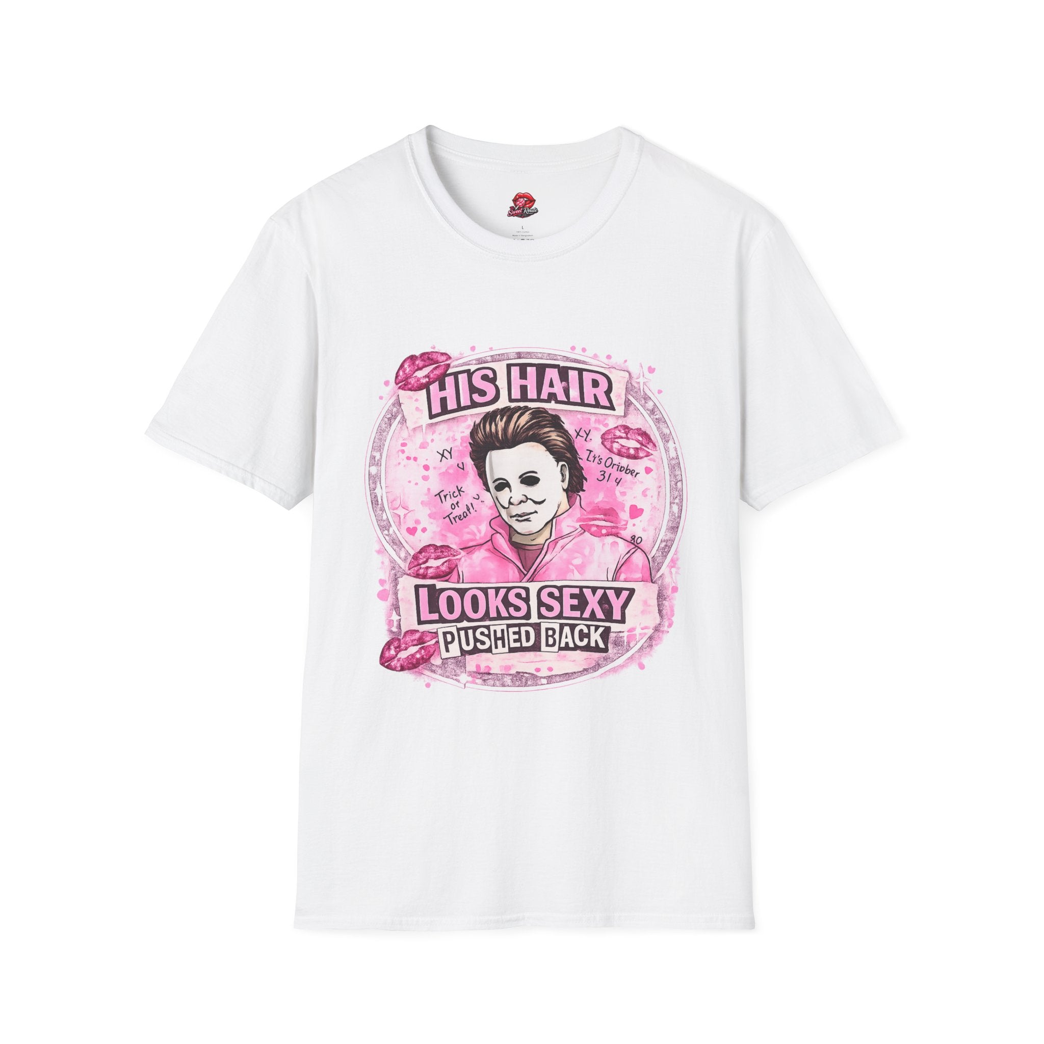 His Hair Looks Pushed Back T-Shirt | Funny Retro Graphic Tee | Pink Pop Culture Inspired Shirt | Cute Sarcastic Women’s Tee