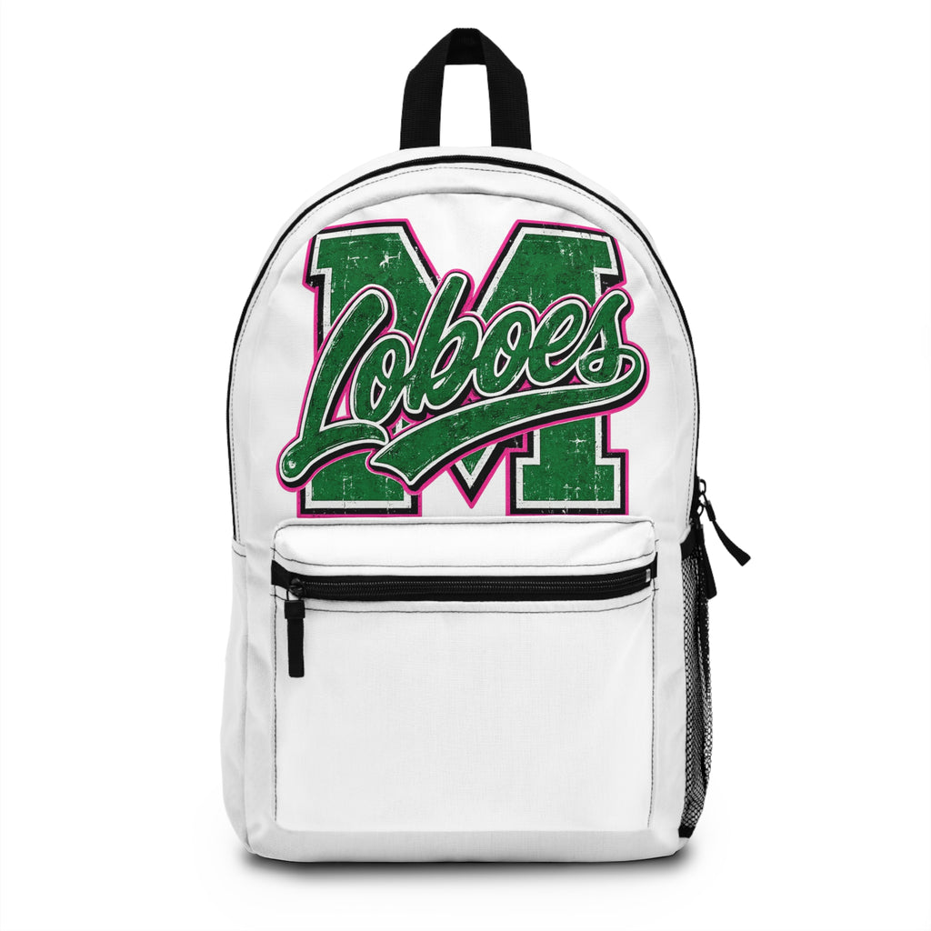 Loboes M Script Backpack — School Tote with Green Letter M Logo