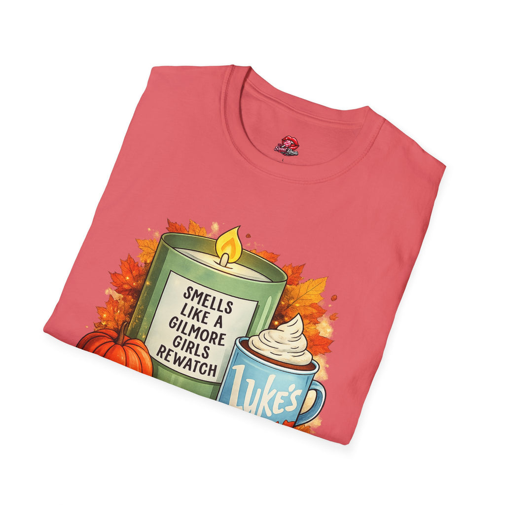 Smells Like a Cozy Fall Rewatch Graphic T-Shirt | Autumn Coffee & Candle Tee | Book Lover Fall Shirt