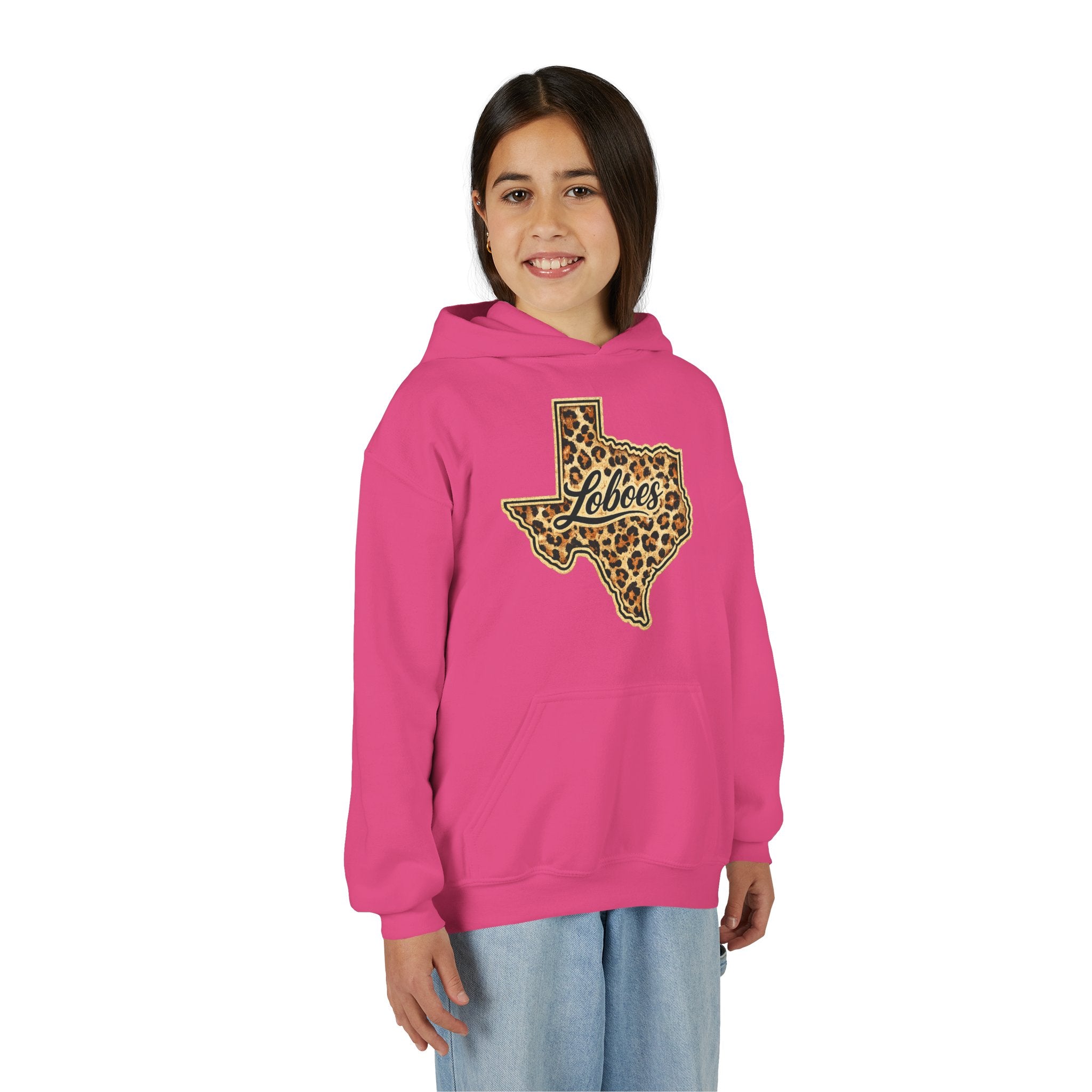 Texas Lobos Youth Hoodie — Leopard Print State Logo Sweatshirt