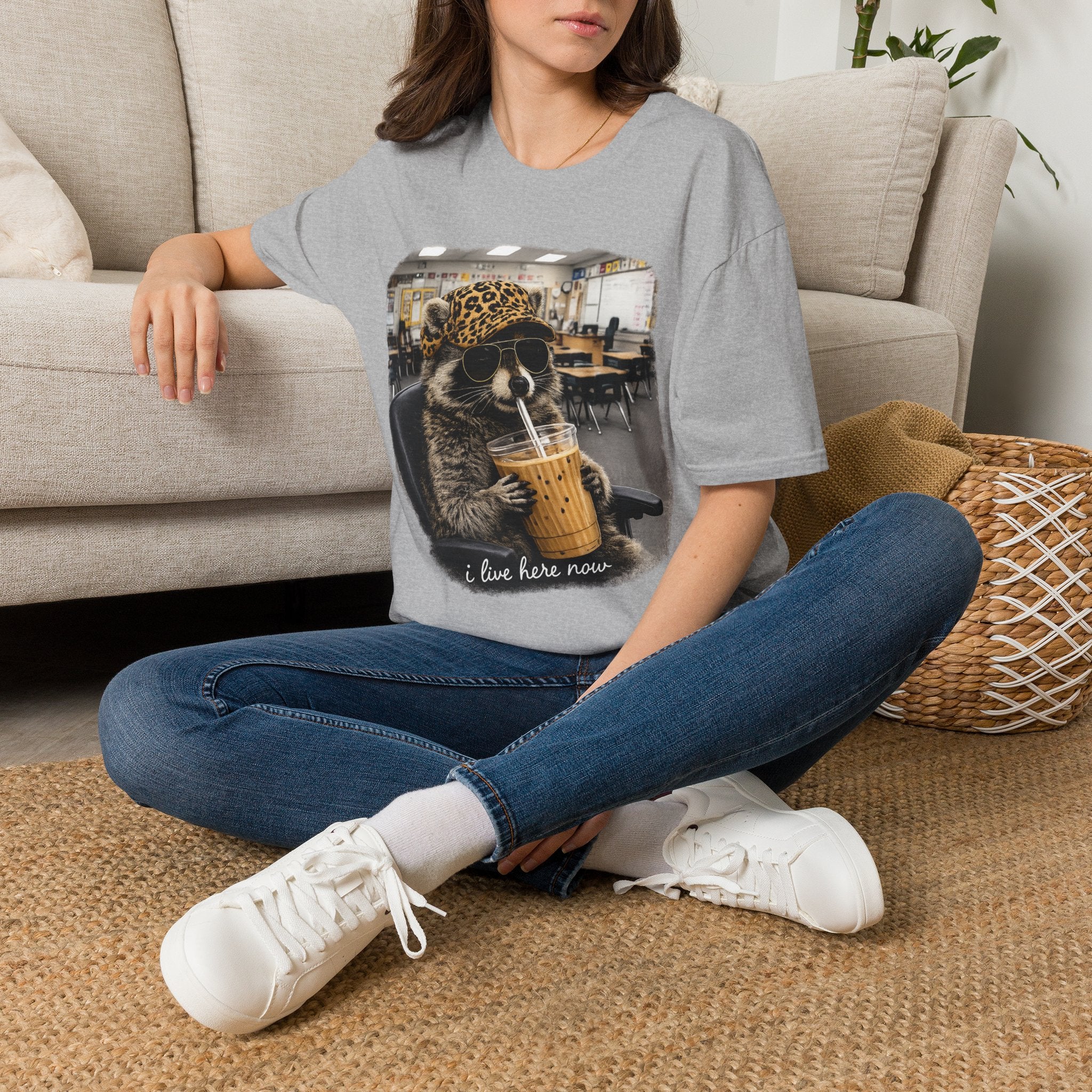 Cute Raccoon Drinking Boba T-Shirt | Leopard Bucket Hat Graphic Tee | Funny Bubble Tea Lover Shirt | Kawaii Animal Unisex Gift