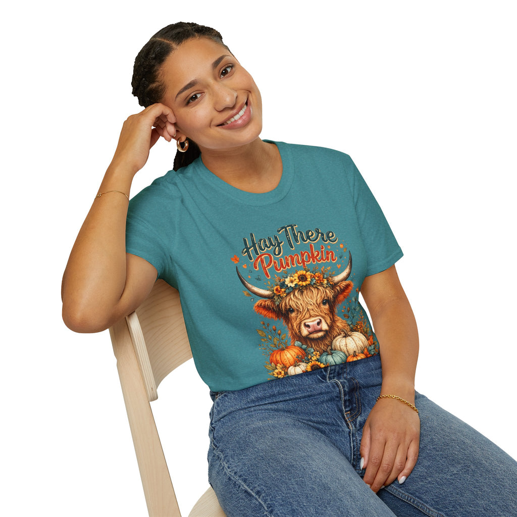 Hay There Pumpkin Highland Cow T-Shirt | Cute Fall Cow Graphic Tee | Autumn Pumpkin Farm Fall Tee | Cozy Country Style