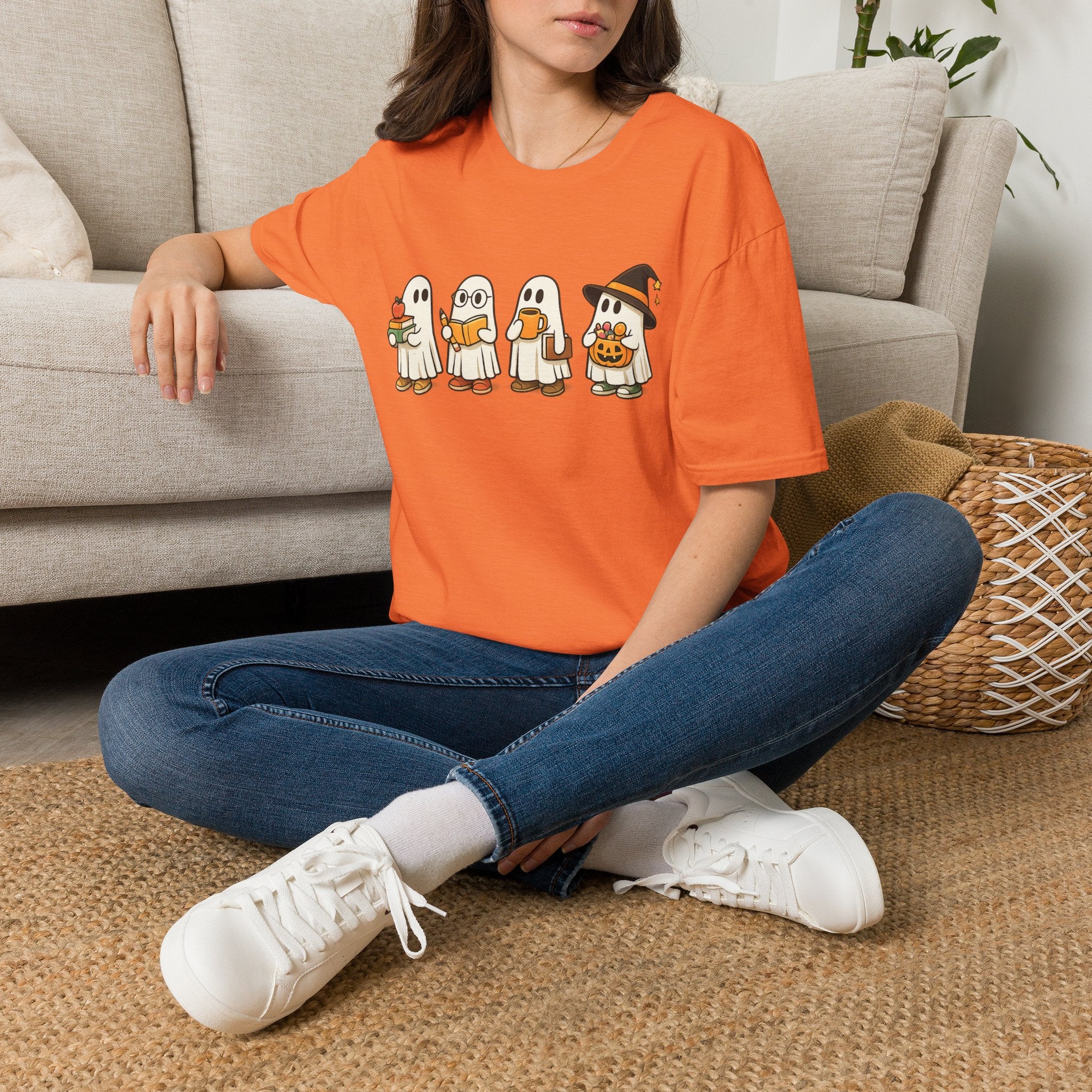 Cute Trick-or-Treat Ghosts Halloween T-Shirt | Adorable Ghost Graphic Tee | Spooky Season Fall Shirt for Women