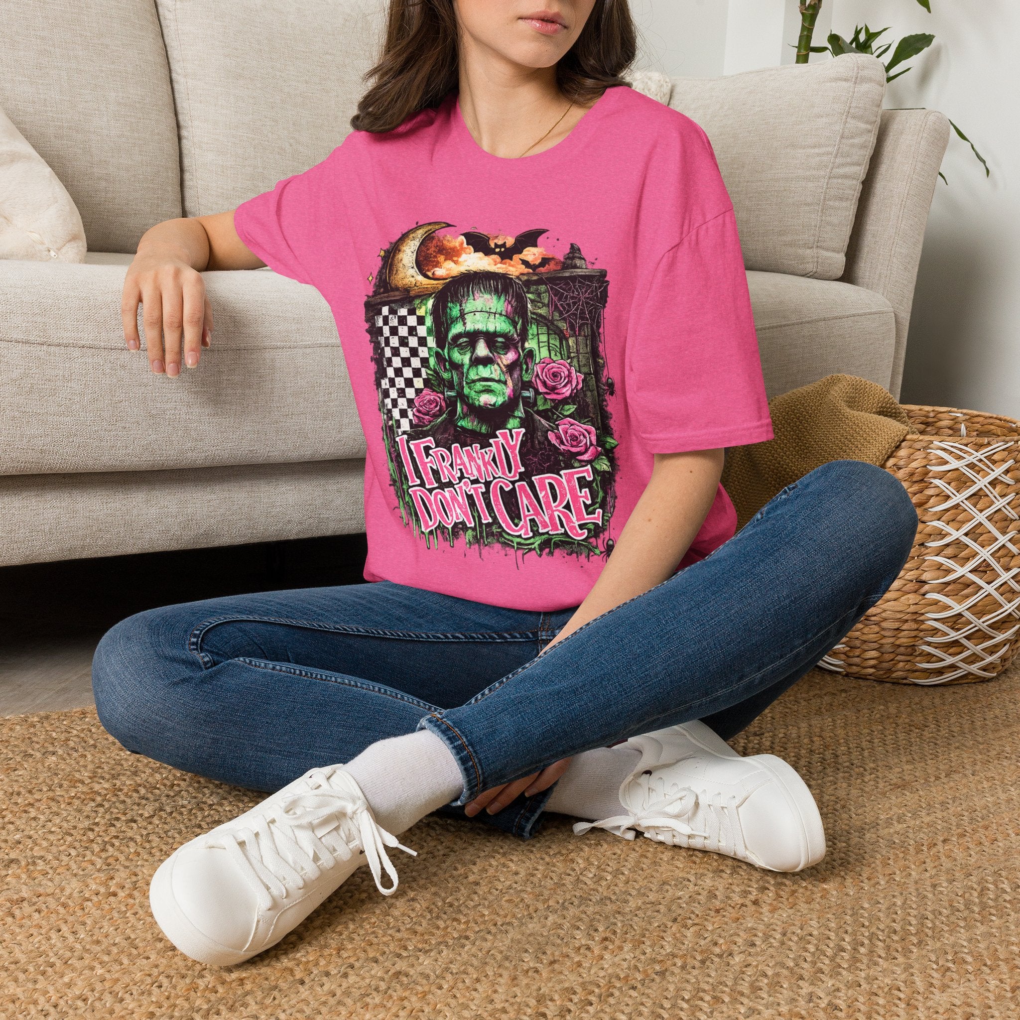 Frankly Don’t Care Frankenstein T-Shirt | Funny Halloween Monster Graphic Tee | Retro Spooky Frankenstein Shirt | Halloween Gift