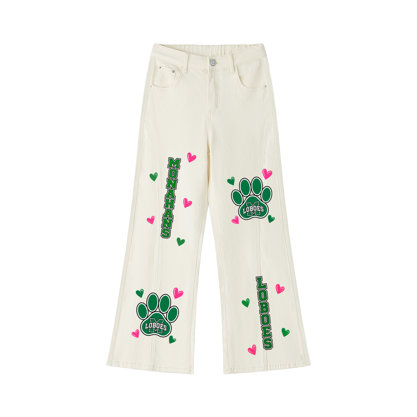 Women’s Monahans Loboes Pink & Kelly Green Heart Flare Jeans | Game Day Bell Bottoms