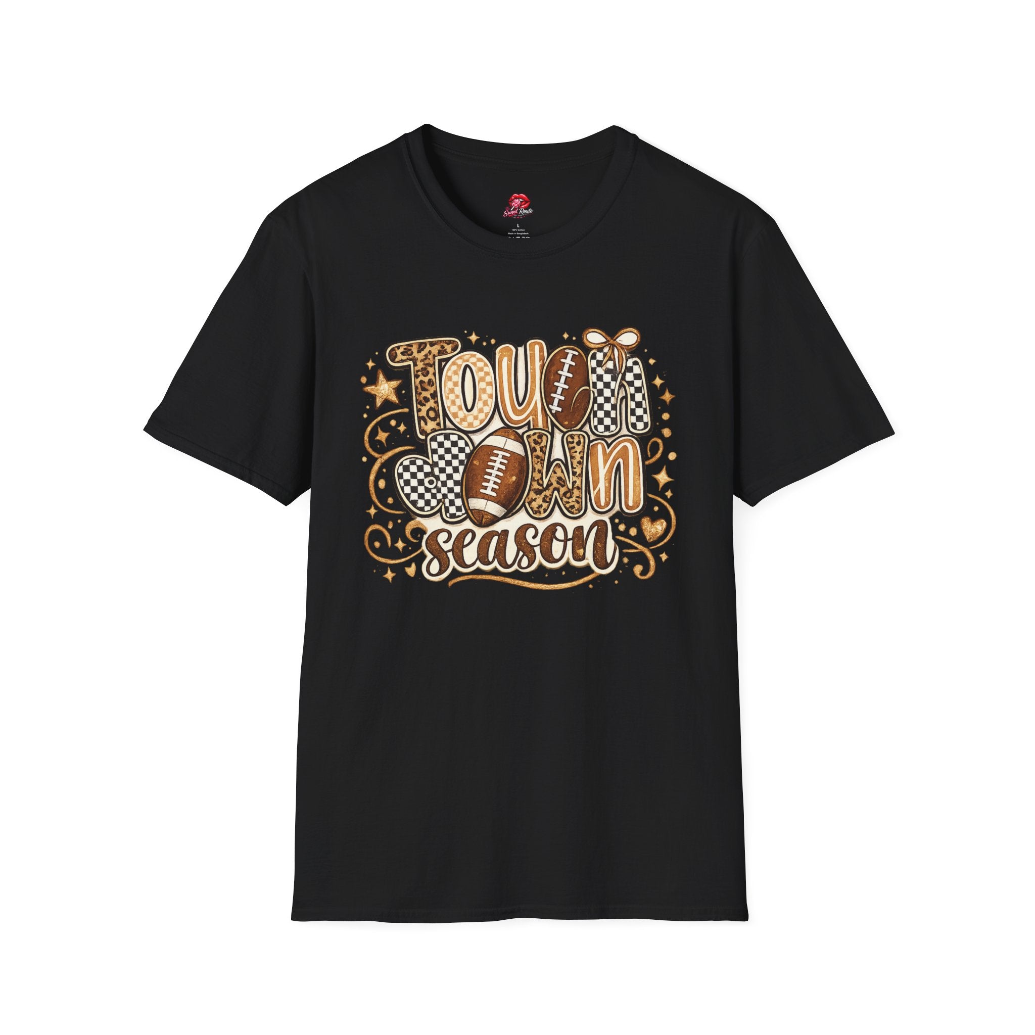 Touchdown Season Leopard & Checkered Football T-Shirt | Cute Game Day Graphic Tee | Women’s Football Season Shirt
