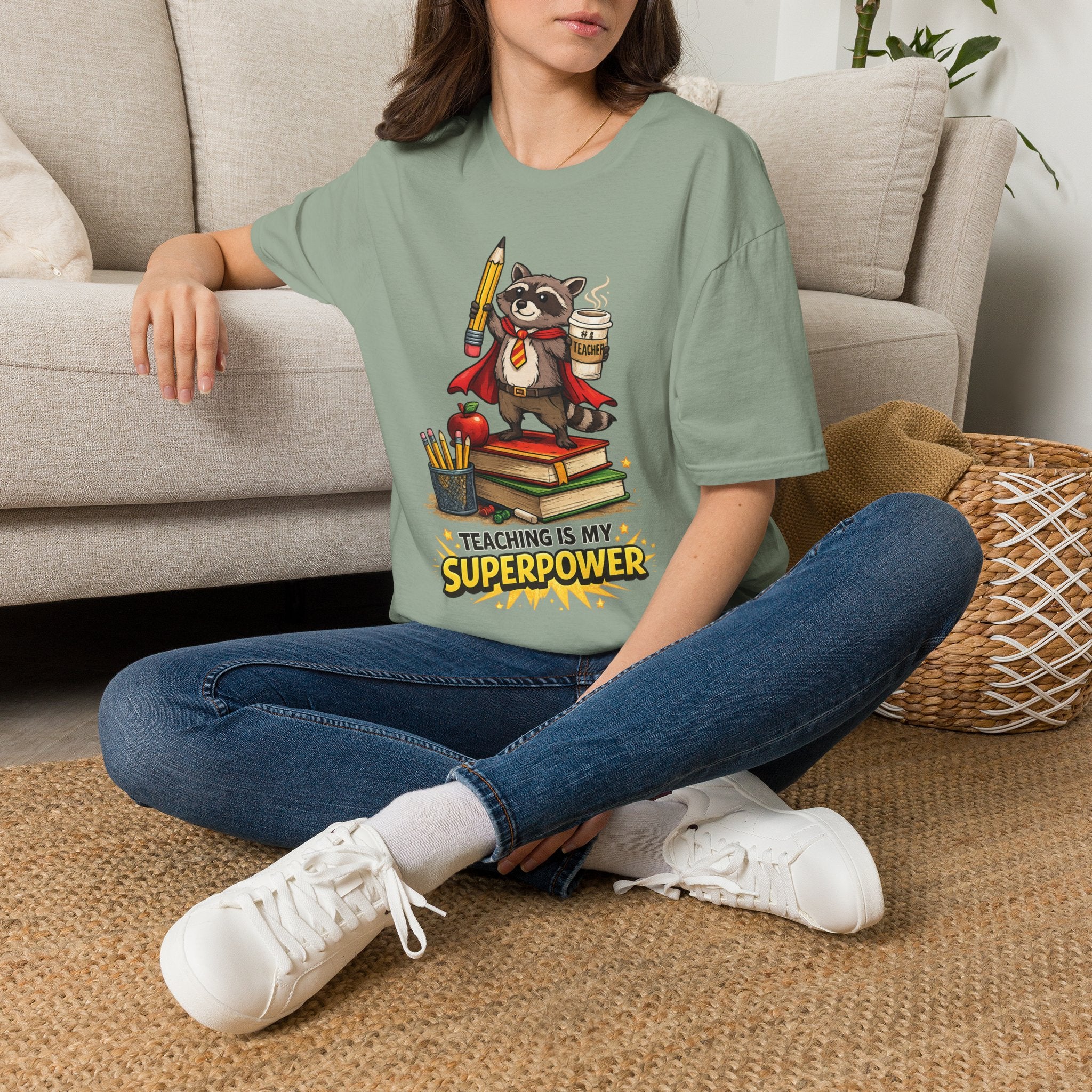 Teaching Is My Superpower Raccoon Teacher T-Shirt | Funny Teacher Shirt | Cute Woodland Classroom Tee | Teacher Appreciation Gift