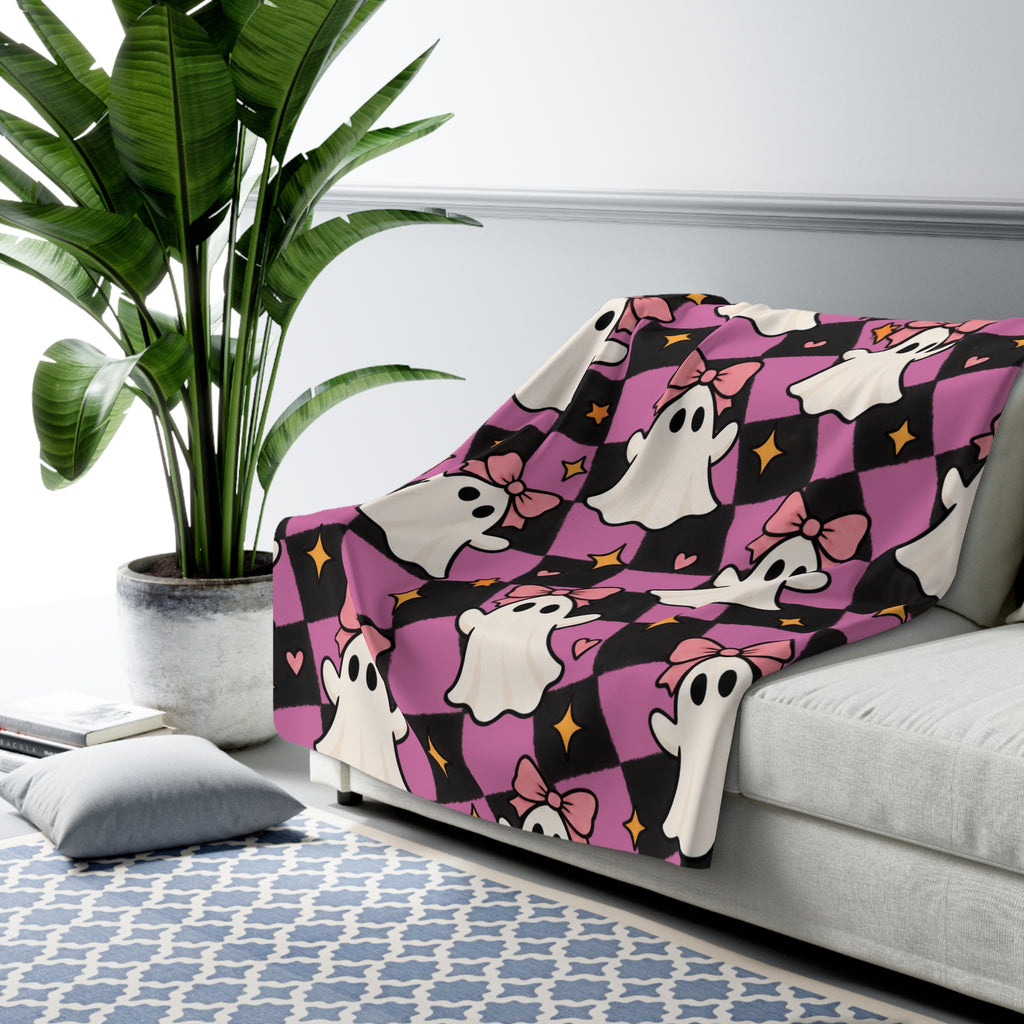 Cute Pink Ghost Halloween Sherpa Blanket