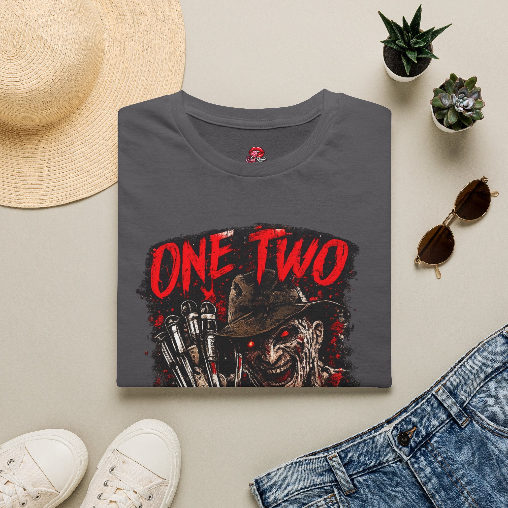 One Two Horror Graphic T-Shirt | Retro Slasher Inspired Halloween Tee | Vintage Creepy Graphic Shirt | Spooky Season Horror Fan Gift