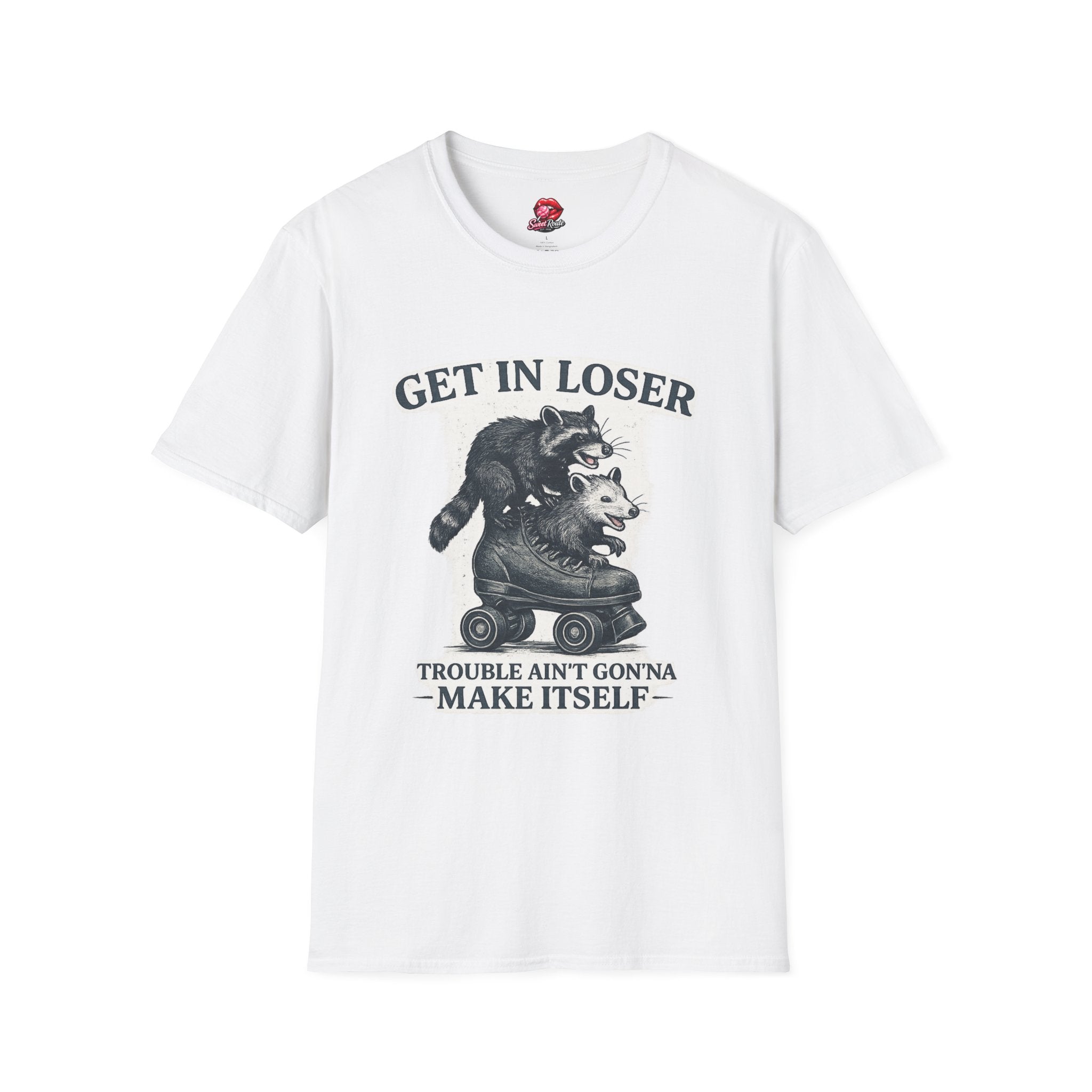 Get In Loser raccoon and opossum illustration T-Shirt