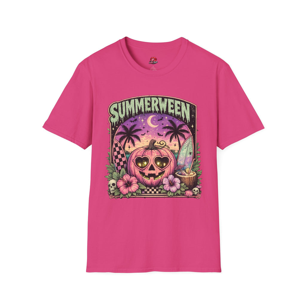 Summerween T-Shirt — Tropical Halloween Pumpkin Tee | Pink Skull Graphic Tee | Spooky Summer Vacation Shirt