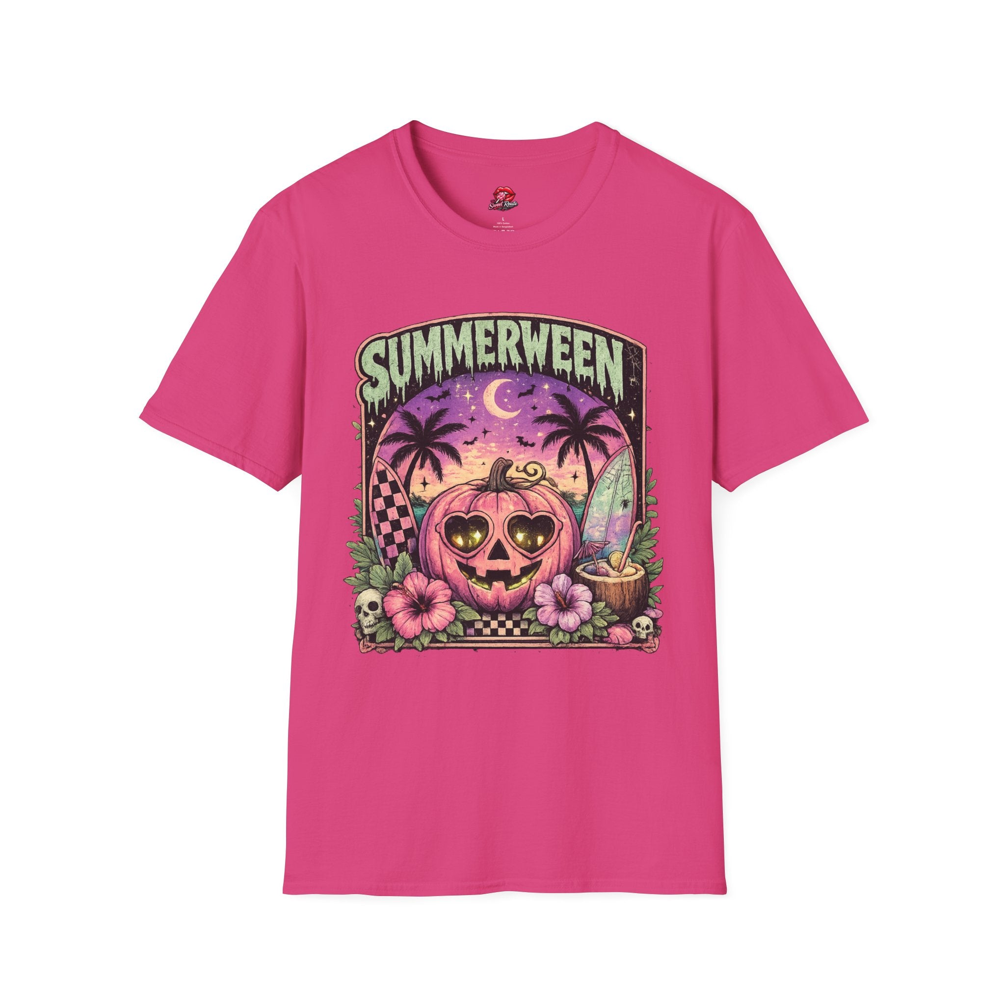 Summerween T-Shirt — Tropical Halloween Pumpkin Tee | Pink Skull Graphic Tee | Spooky Summer Vacation Shirt