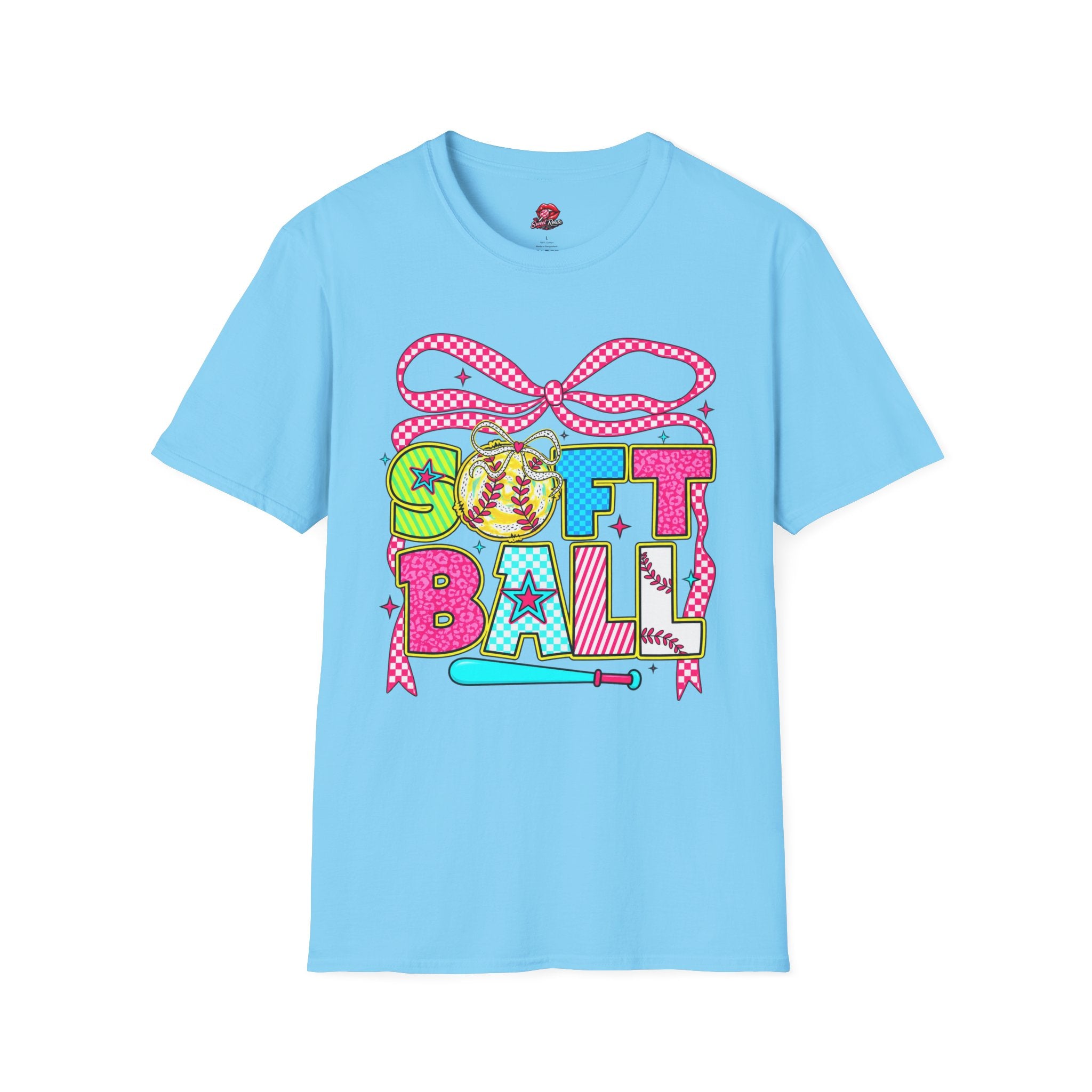 Colorful Bow & Bat Softball Tee
