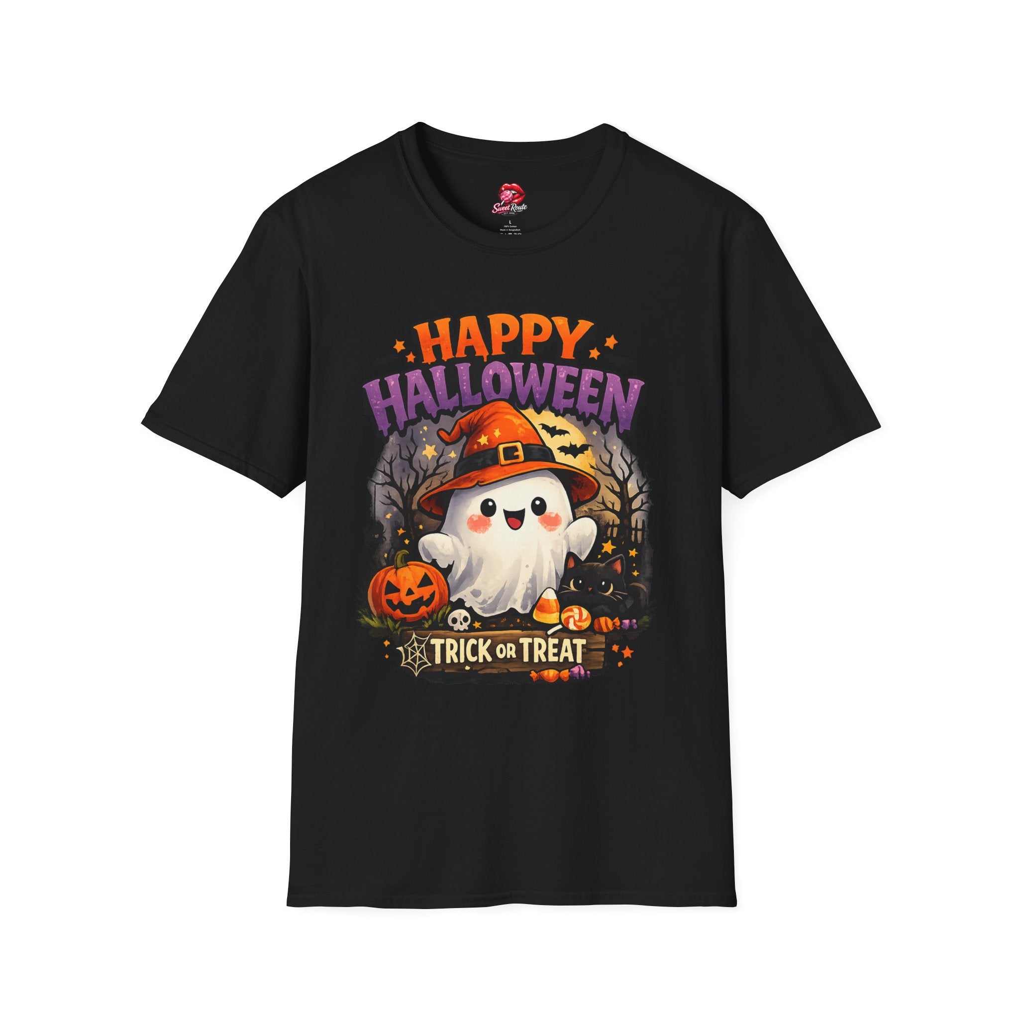 Happy Halloween Ghost Graphic T-Shirt | Cute Trick or Treat Retro Halloween Tee