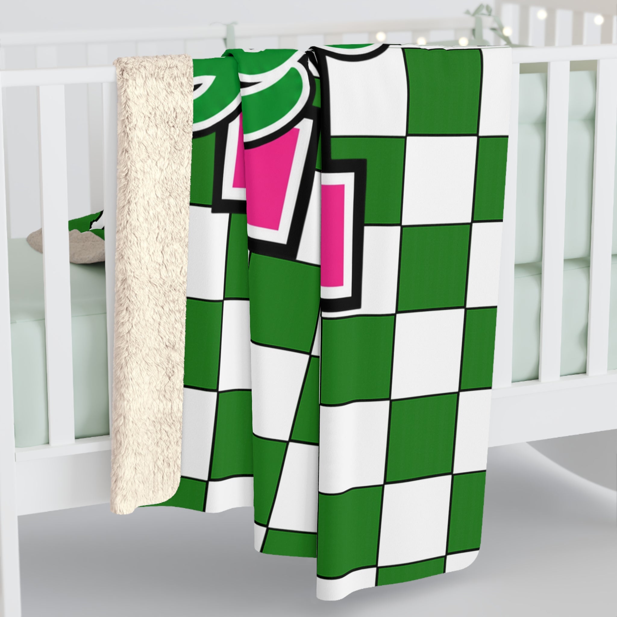 Loboes Checkered Sherpa Blanket — Green & Pink School Mascot Throw