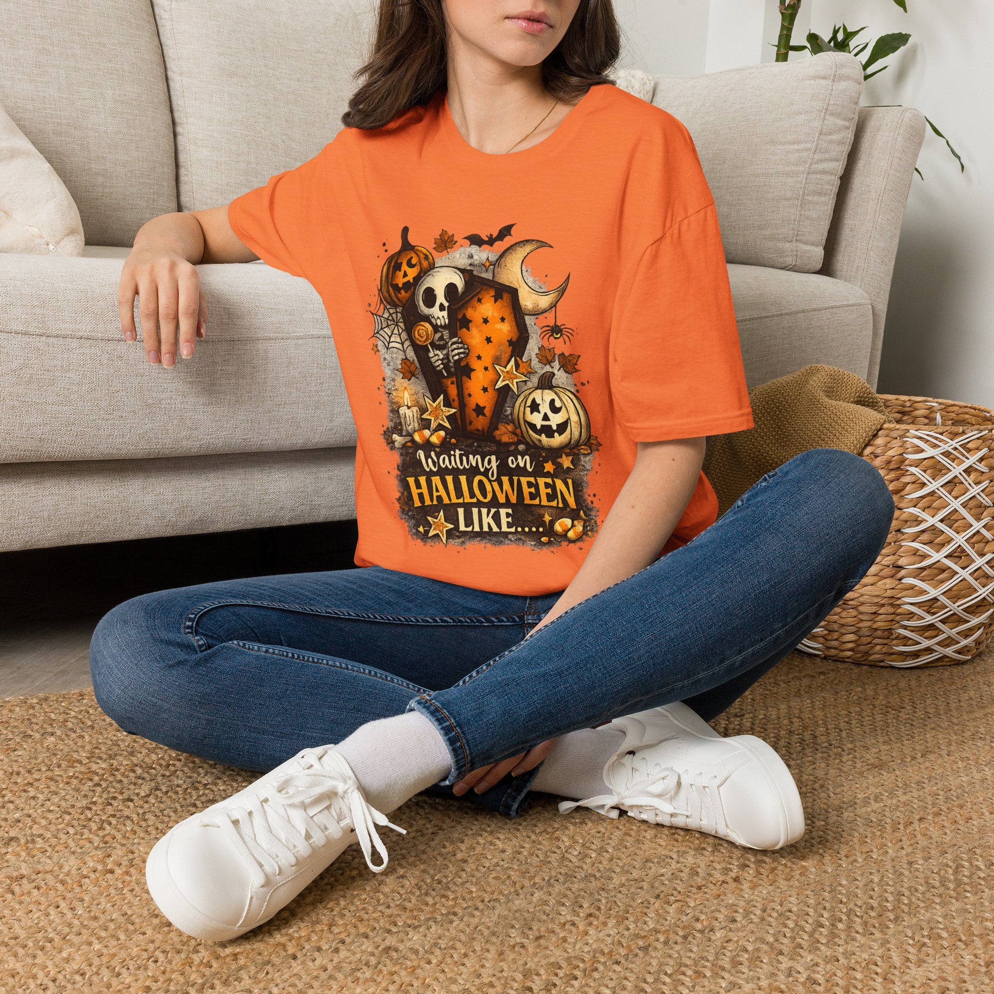 Waiting on Halloween Sunshine Skeleton Pumpkin T-Shirt | Cute Spooky Season Graphic Tee | Vintage Halloween Shirt
