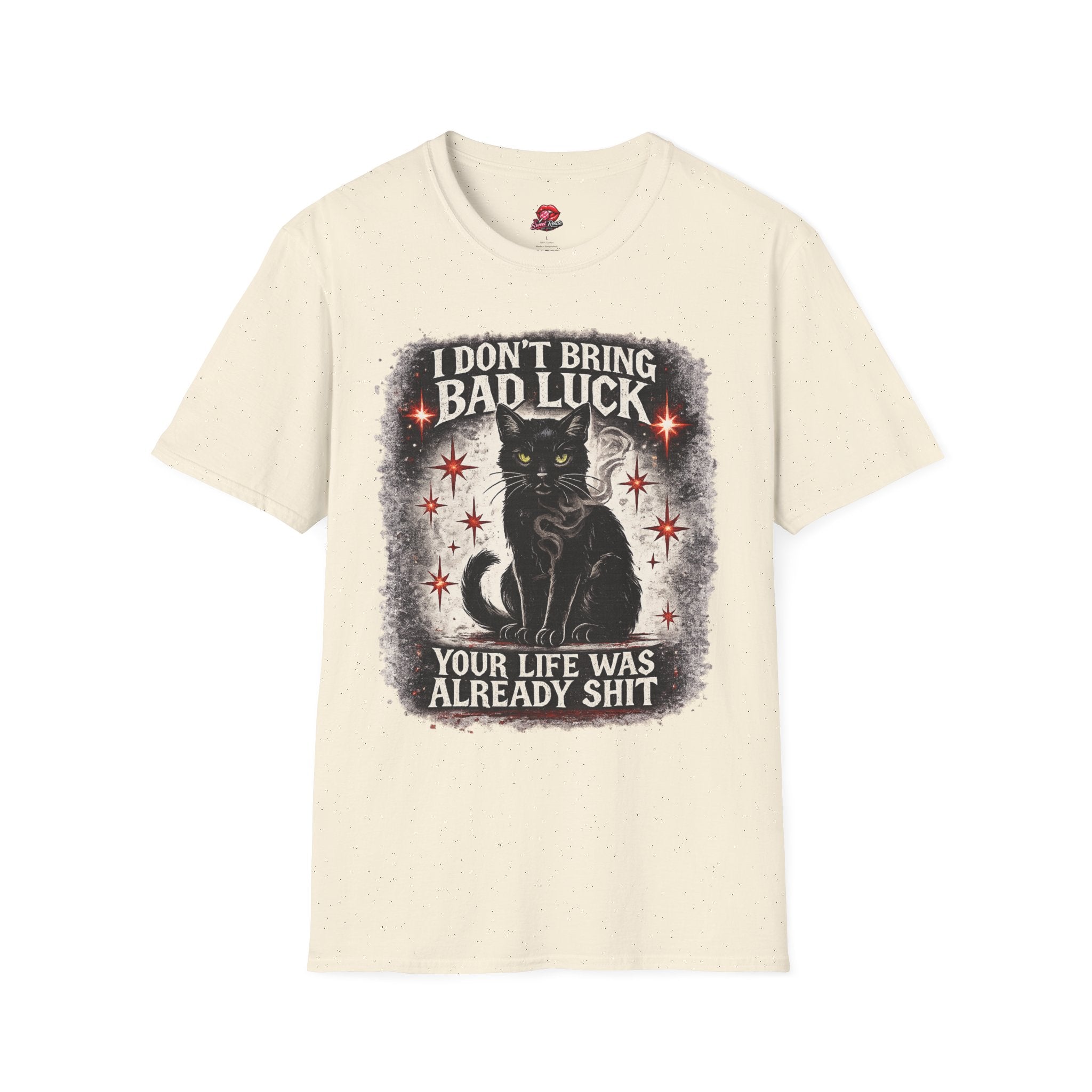 I Don’t Bring Bad Luck Black Cat T-Shirt | Vintage Witchy Halloween Graphic Tee | Spooky Cat Lover Shirt