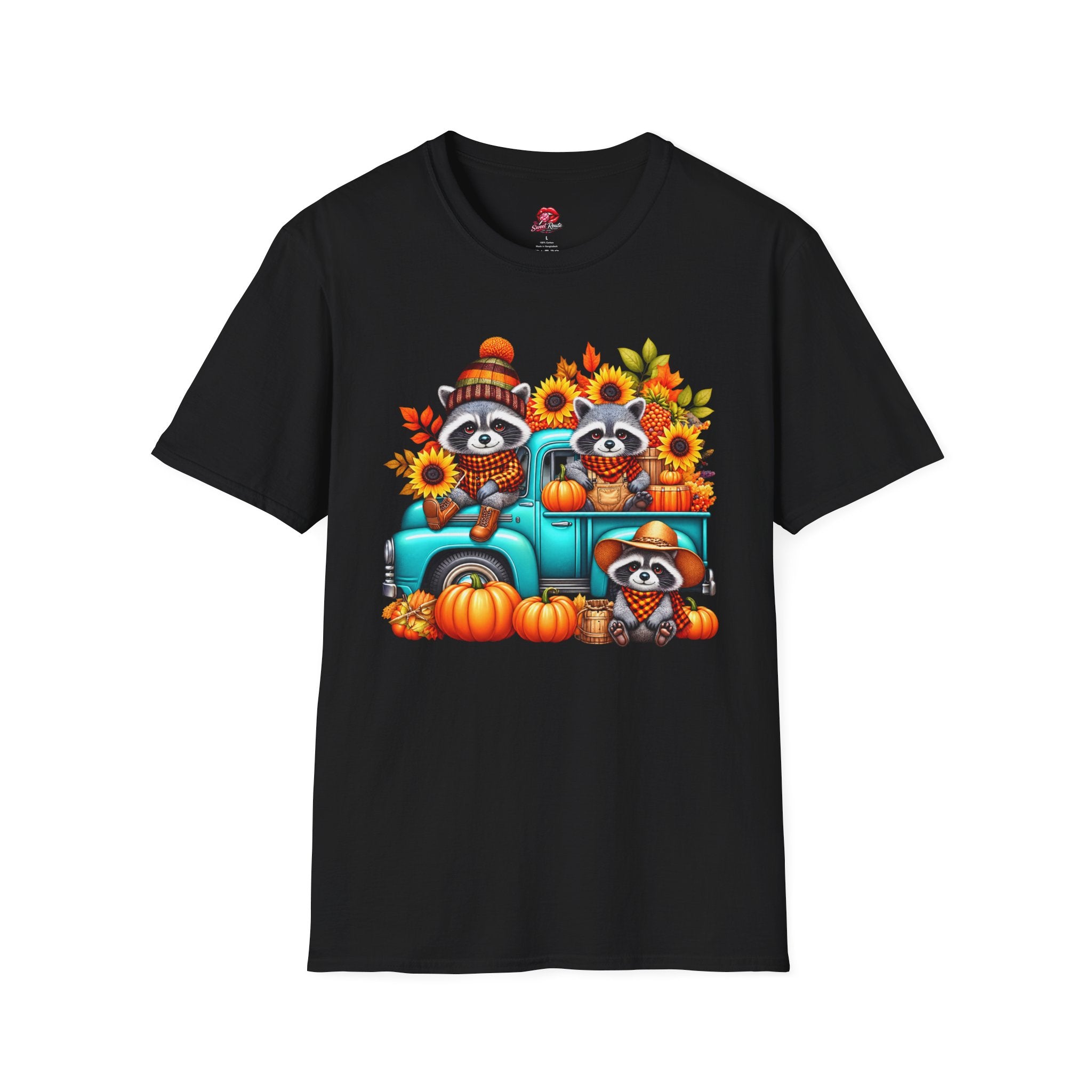 Cute Sunflowers & Pumpkins Autumn Raccoon Tee