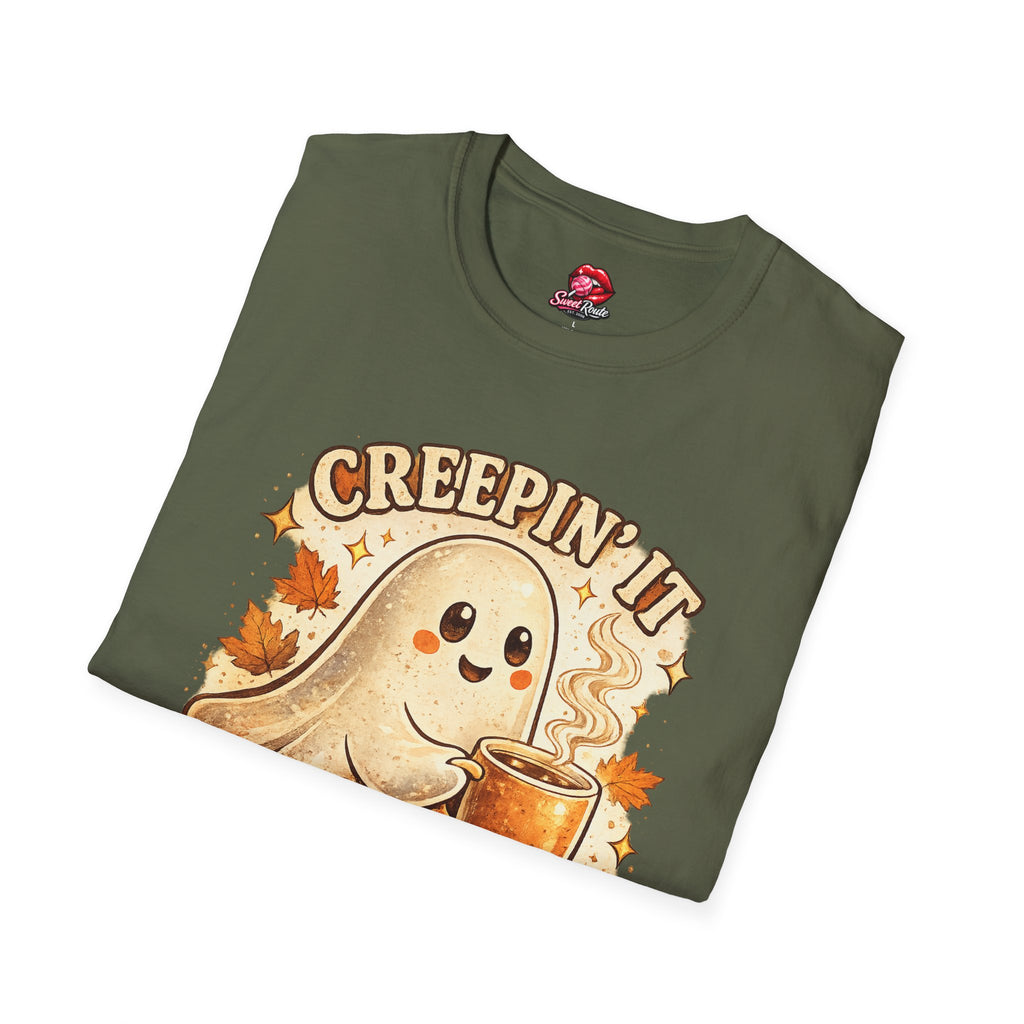 Creepin' It Ghost Coffee Shirt | Cute Halloween Coffee Tee | Fall Ghost Graphic T-Shirt | Spooky Season Coffee Lover Gift