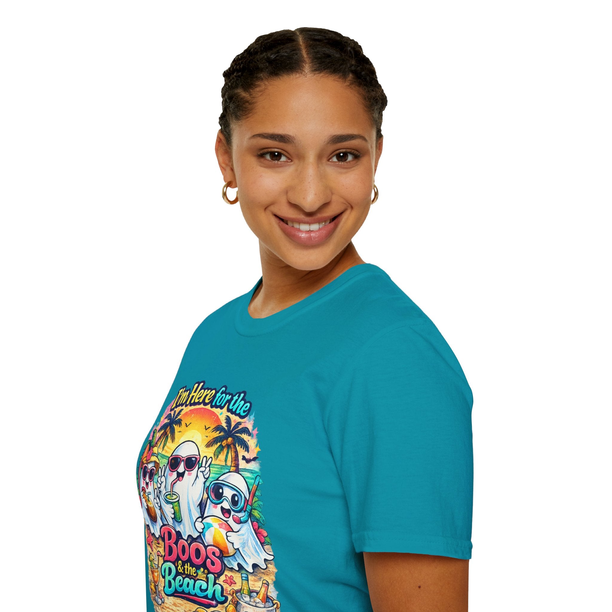 I’m Here for the Boos at the Beach Shirt | Summerween Ghost Beach T-Shirt | Cute Coastal Halloween Tee | Retro Spooky Beach Vacation Shirt