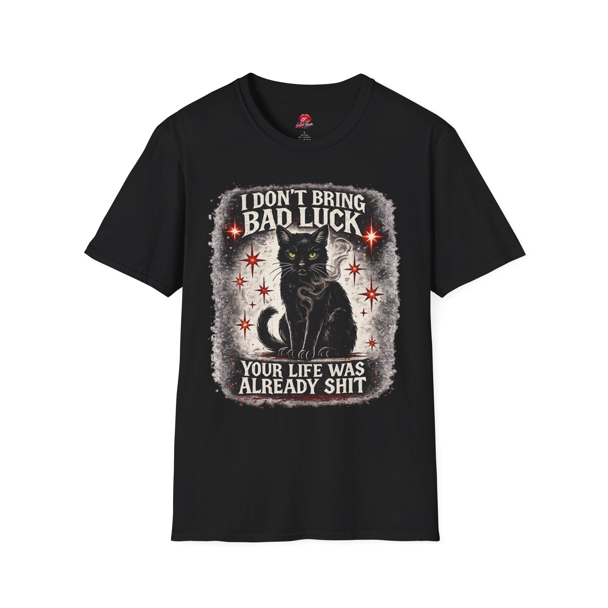 I Don’t Bring Bad Luck Black Cat T-Shirt | Vintage Witchy Halloween Graphic Tee | Spooky Cat Lover Shirt