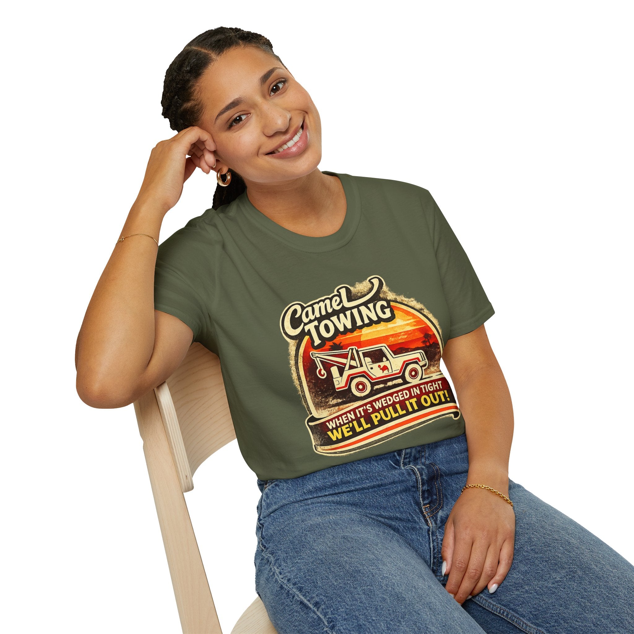 Camel Towing T-Shirt — "When It's Wedged In Tight, We'll Pull It Out" Vintage Tow Truck Tee