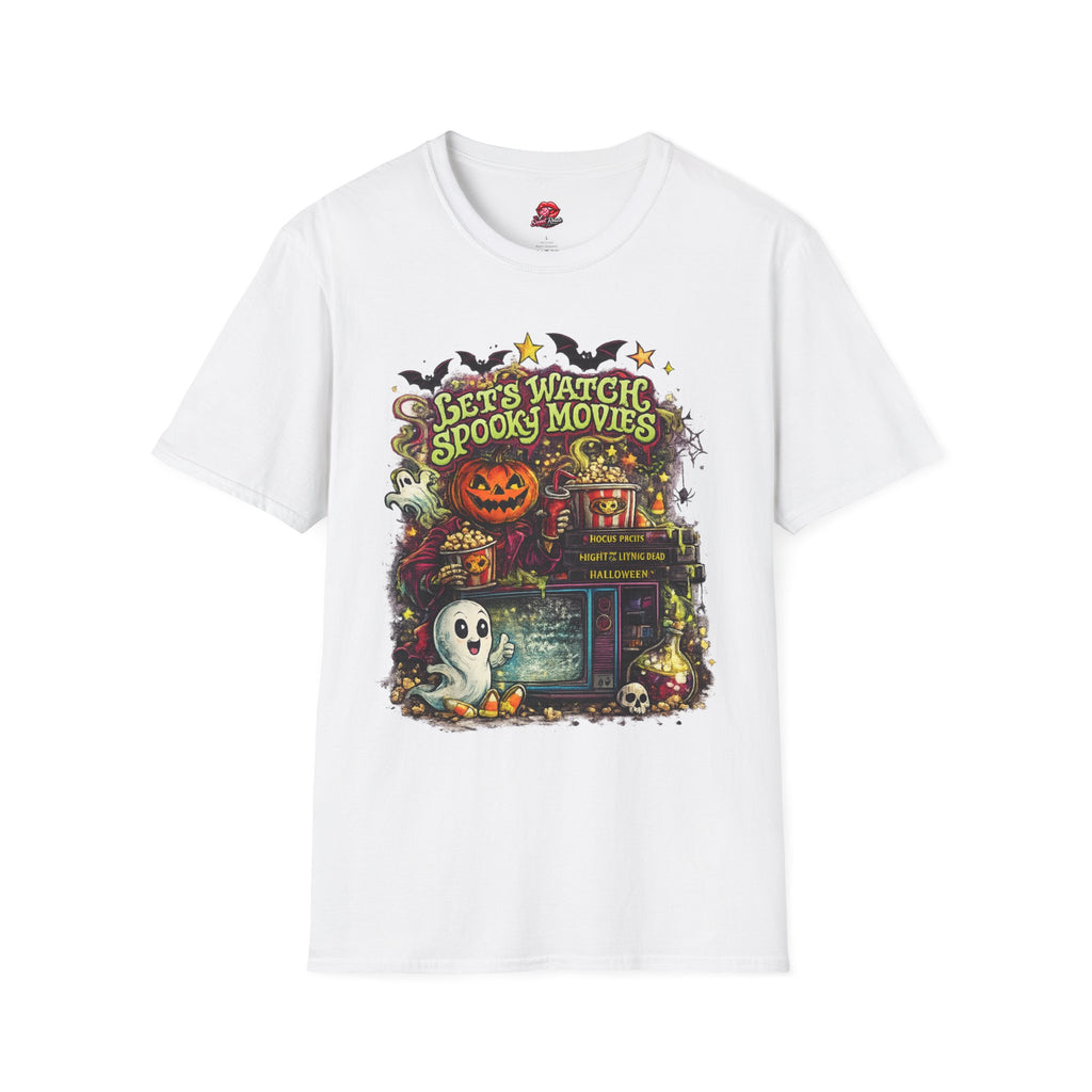 Let’s Watch Spooky Movies T-Shirt | Cute Halloween Movie Night Tee | Retro Ghost Graphic Shirt | Cozy Fall Halloween Tee | Horror Lover Gift