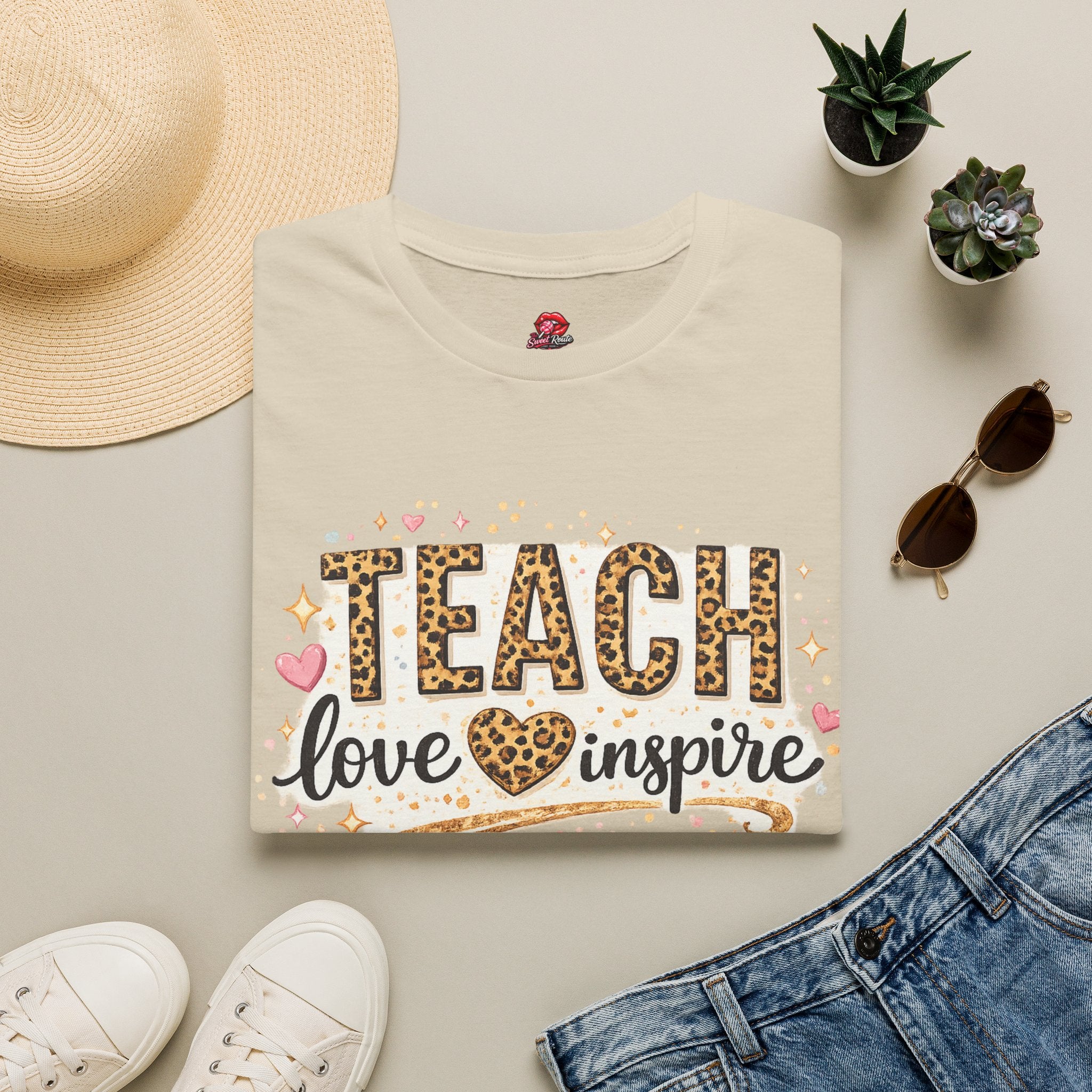 Teach Love Inspire Leopard Heart Teacher T-Shirt | Inspirational Teacher Appreciation Gift | Cute Back to School Graphic Tee