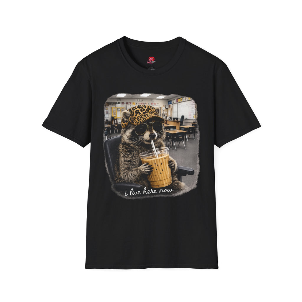 Cute Raccoon Drinking Boba T-Shirt | Leopard Bucket Hat Graphic Tee | Funny Bubble Tea Lover Shirt | Kawaii Animal Unisex Gift