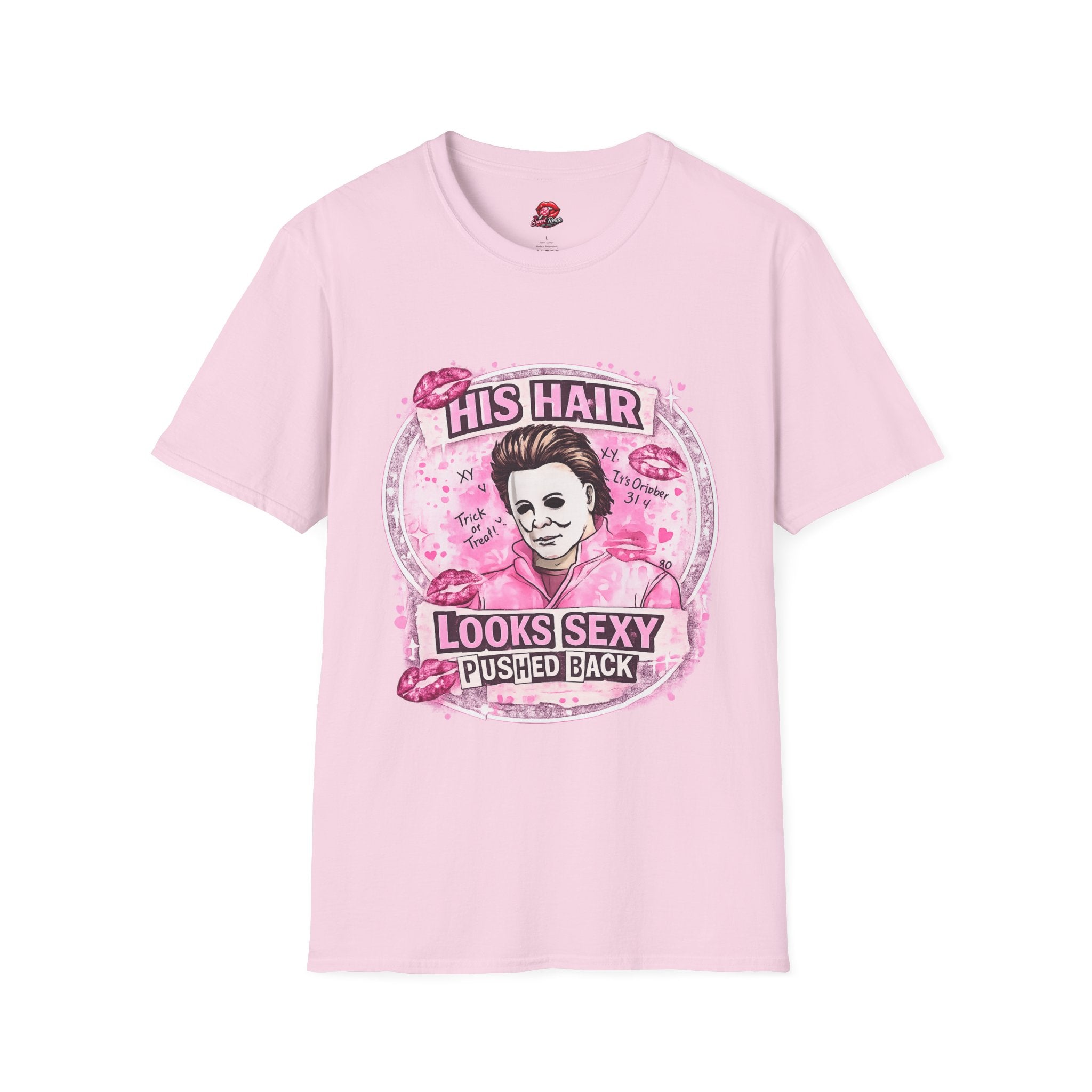 His Hair Looks Pushed Back T-Shirt | Funny Retro Graphic Tee | Pink Pop Culture Inspired Shirt | Cute Sarcastic Women’s Tee