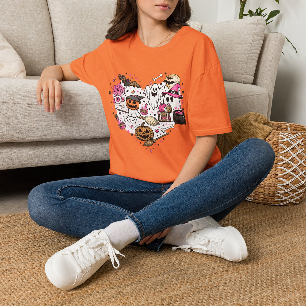Cute Pink Halloween Characters T-Shirt | Coquette Ghost Pumpkin Graphic Tee | Girly Spooky Season Shirt | Retro Halloween Tee
