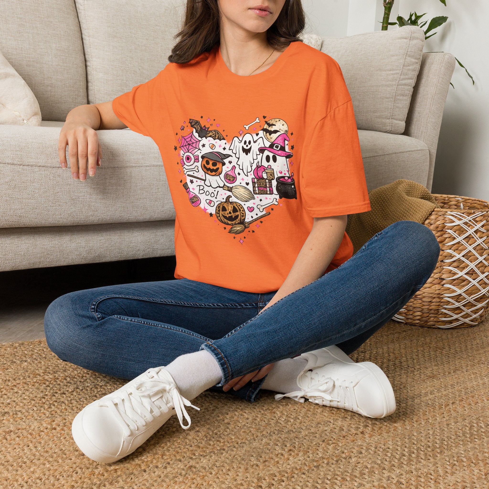 Cute Pink Halloween Characters T-Shirt | Coquette Ghost Pumpkin Graphic Tee | Girly Spooky Season Shirt | Retro Halloween Tee