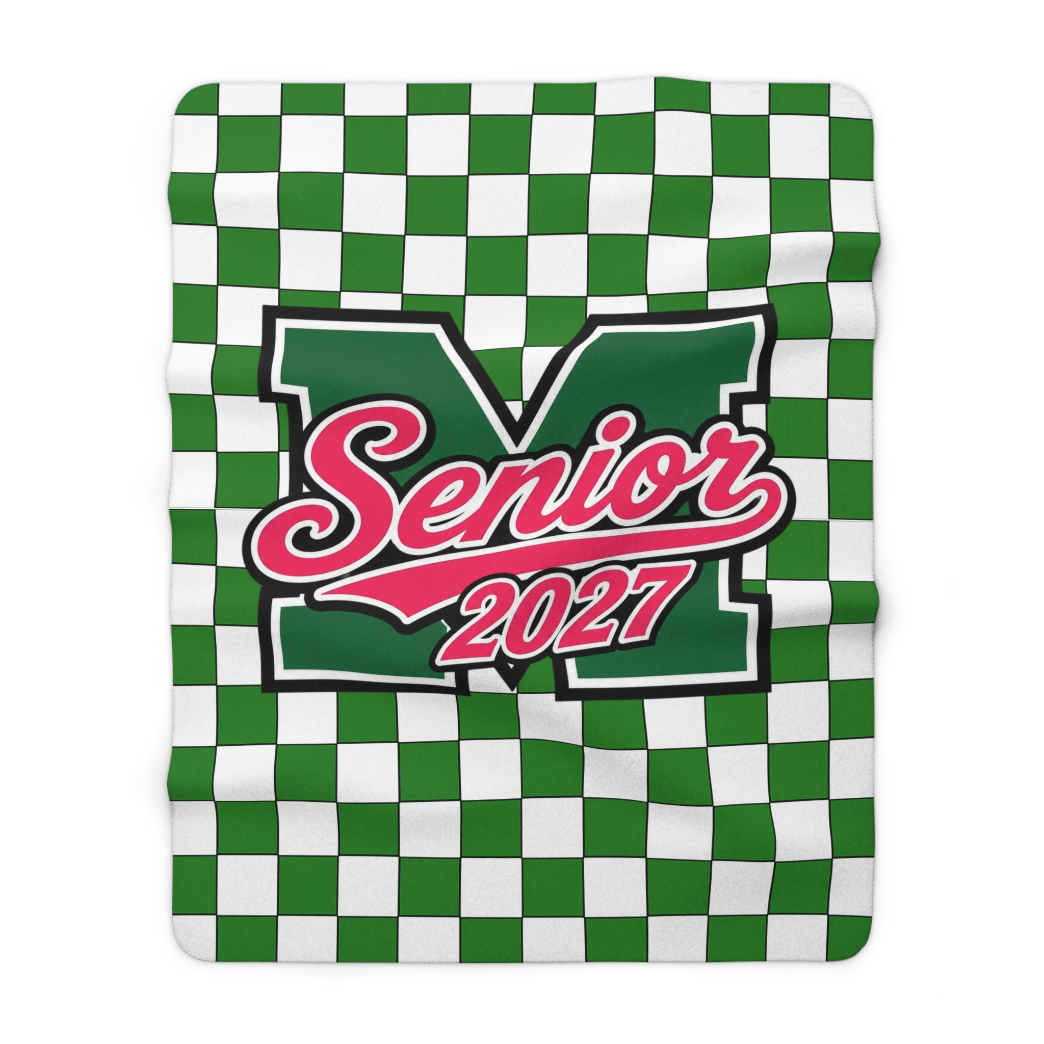Senior 2027 Sherpa Fleece Blanket – Green Checkerboard Graduation Throw