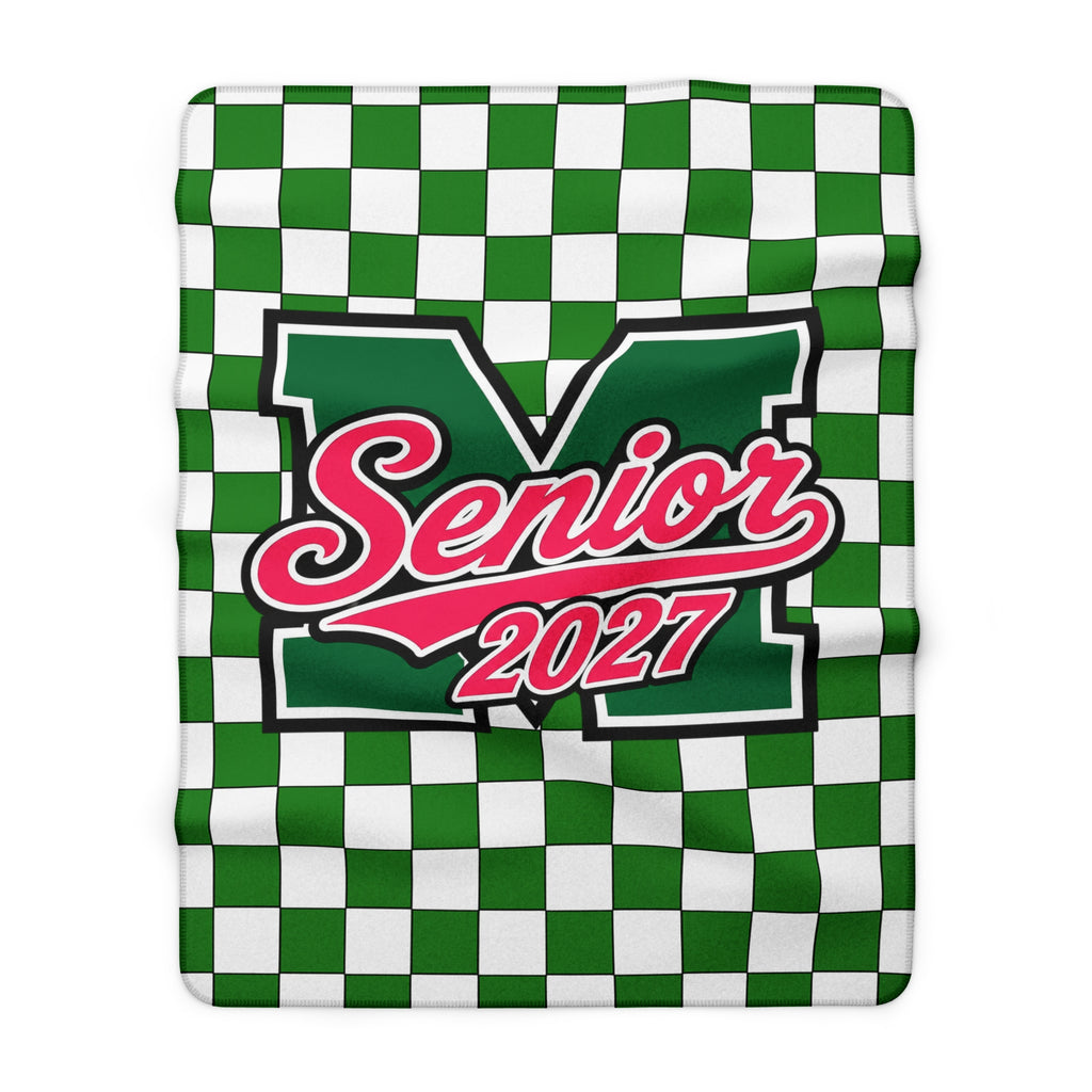 Senior 2027 Sherpa Fleece Blanket – Green Checkerboard Graduation Throw