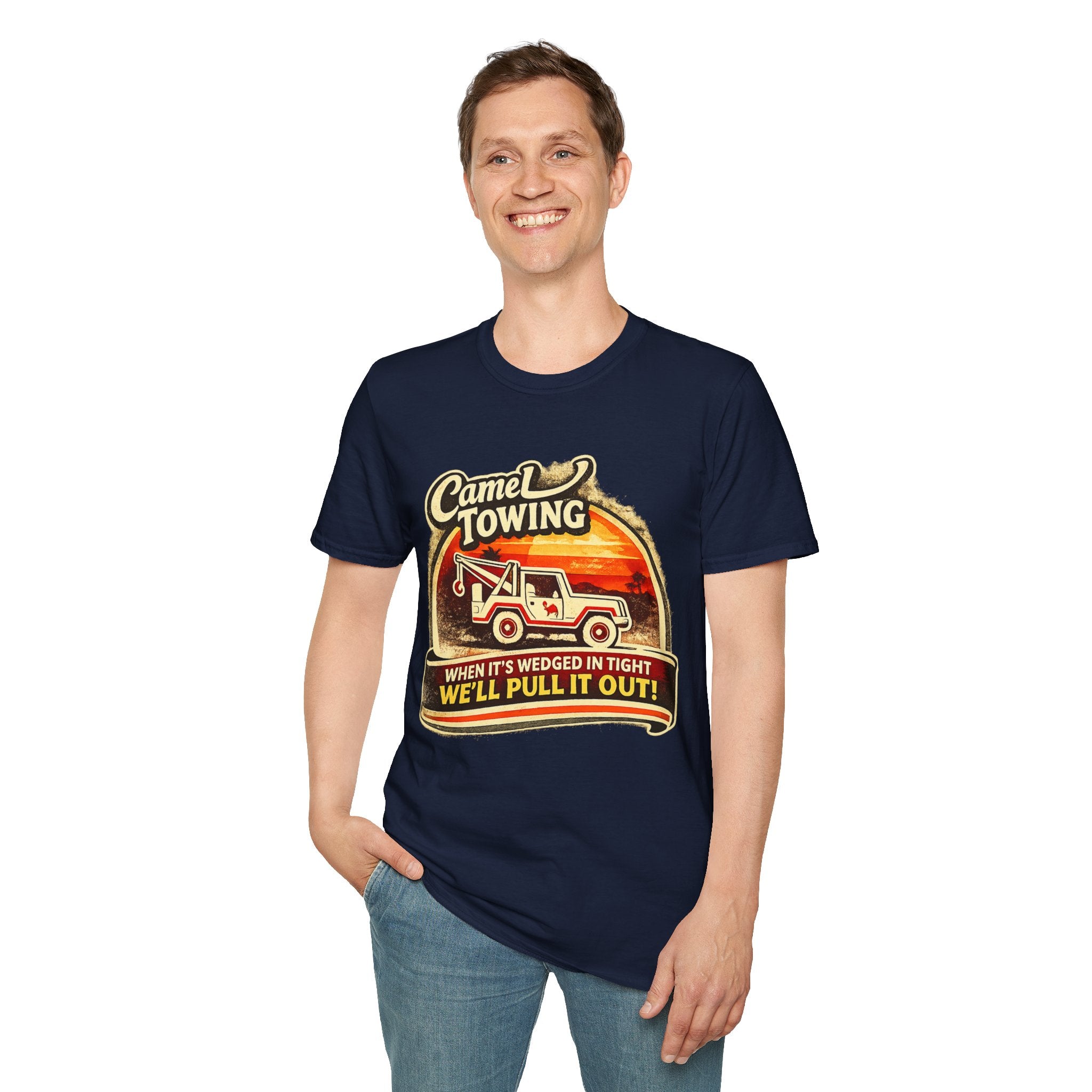 Camel Towing T-Shirt — "When It's Wedged In Tight, We'll Pull It Out" Vintage Tow Truck Tee