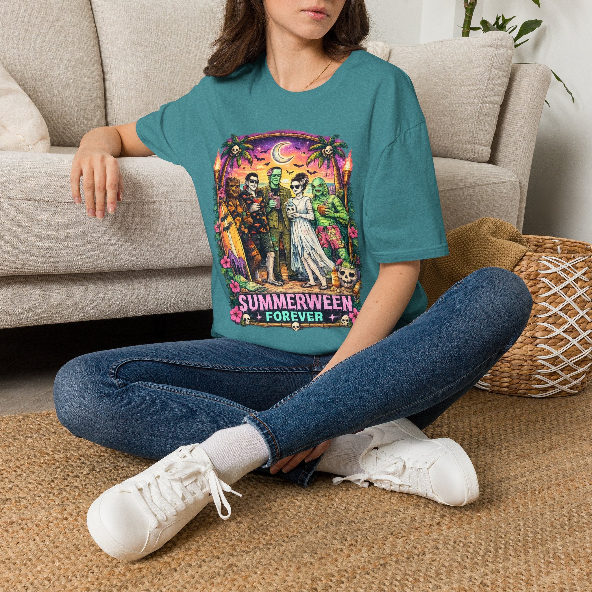 Summerween Forever T-Shirt | Retro Monster Beach Party Graphic Tee | Spooky Summer Halloween Shirt | Cute Horror Vacation Tee
