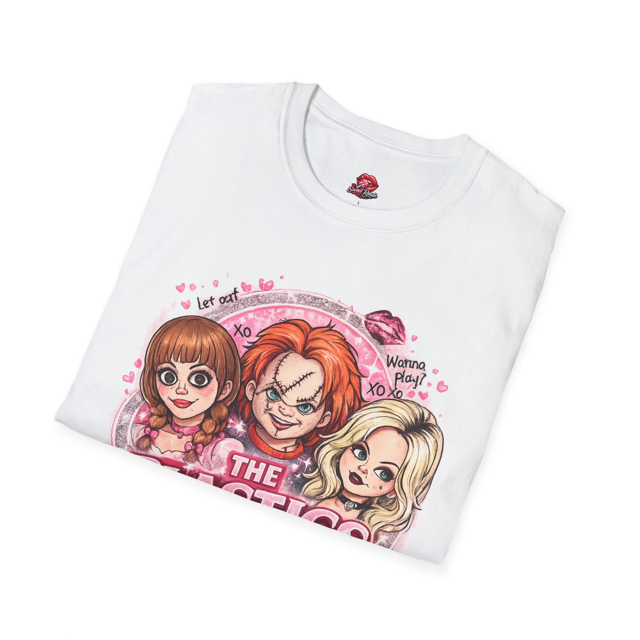 The Plastics Cute Creepy Halloween T-Shirt | Retro Spooky Cartoon Girls Tee | Pink Horror Movie Inspired Graphic Shirt | Halloween Gift for Women
