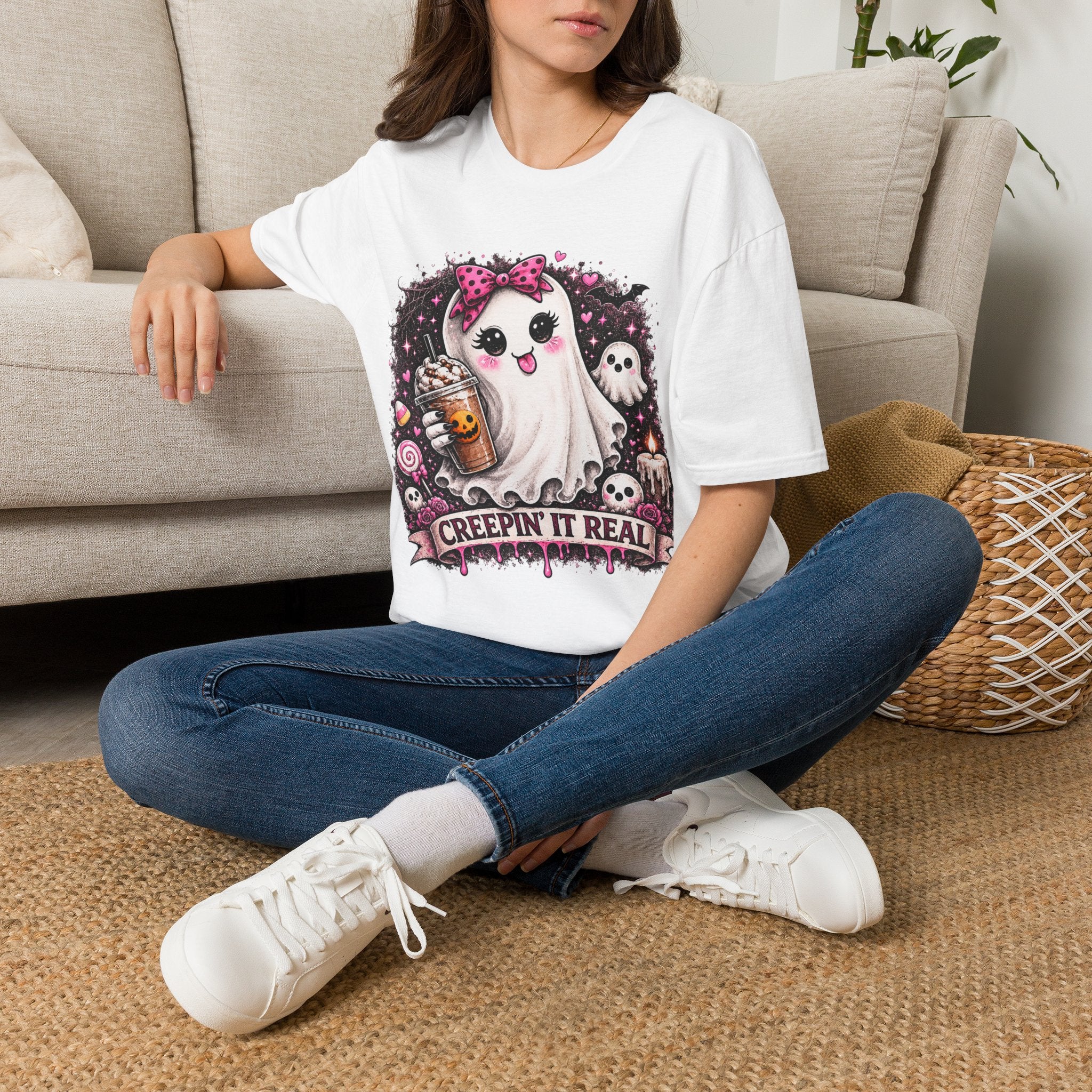 Cute Ghost with Bow Creepin It Real T-Shirt | Coquette Halloween Ghost Tee | Pink Bow Spooky Shirt | Cute Fall Graphic Tee | Halloween Gift