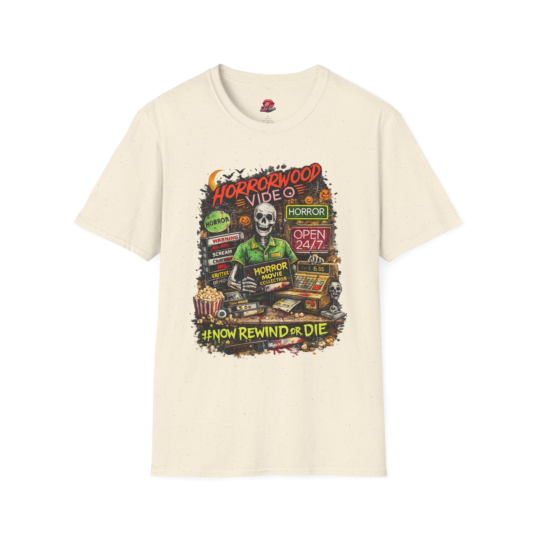Horrorwood Retro Skeleton Horror Movie T-Shirt | Vintage Halloween Graphic Tee | Spooky Season Shirt | Horror Fan Gift