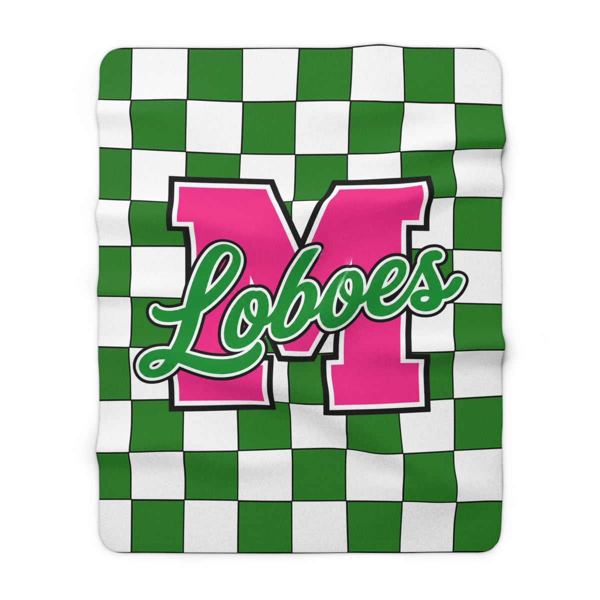 Loboes Checkered Sherpa Blanket — Green & Pink School Mascot Throw