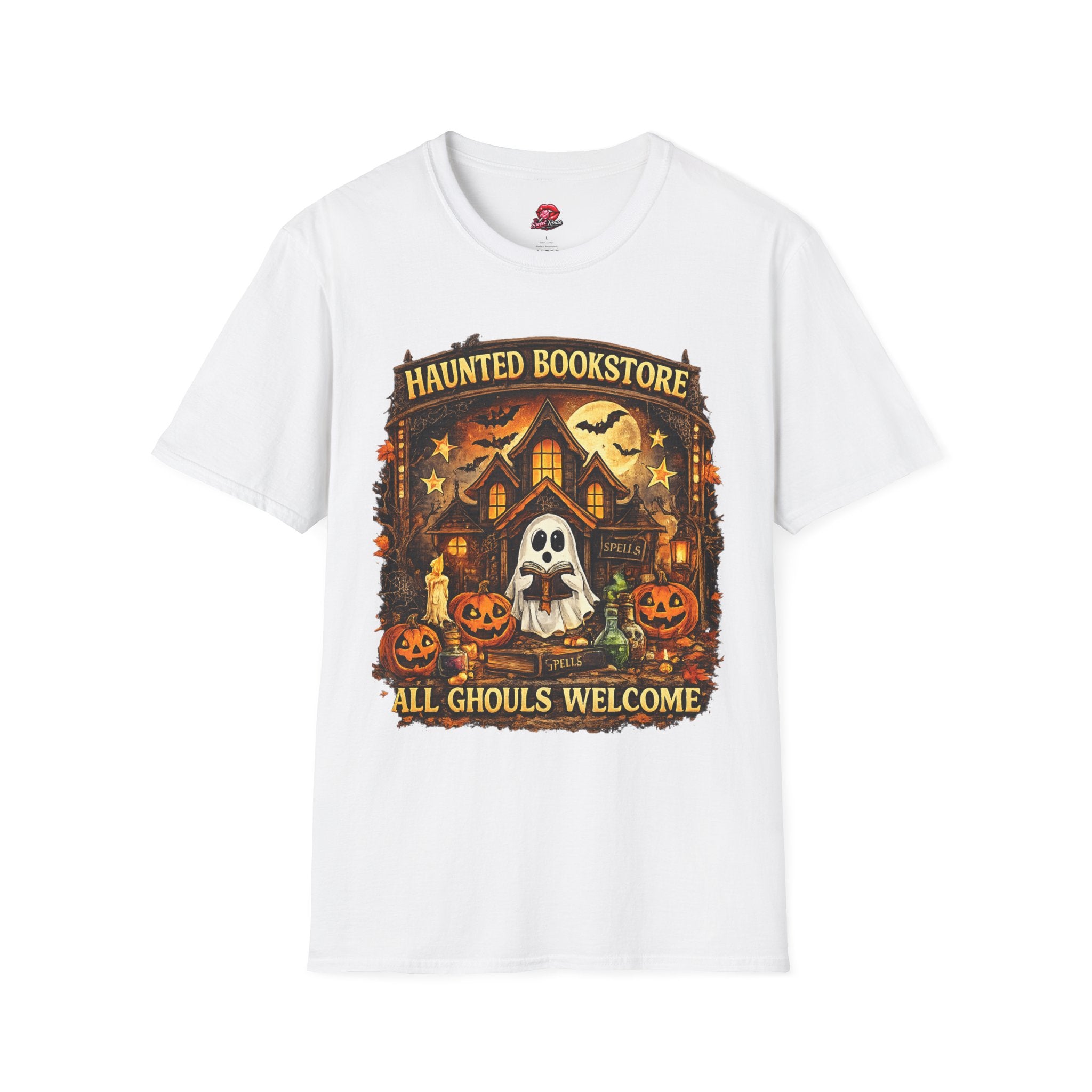 Haunted Bookstore T-Shirt | All Ghouls Welcome Halloween Shirt | Book Lover Ghost Tee | Spooky Library Graphic Tee | Fall Reading Shirt