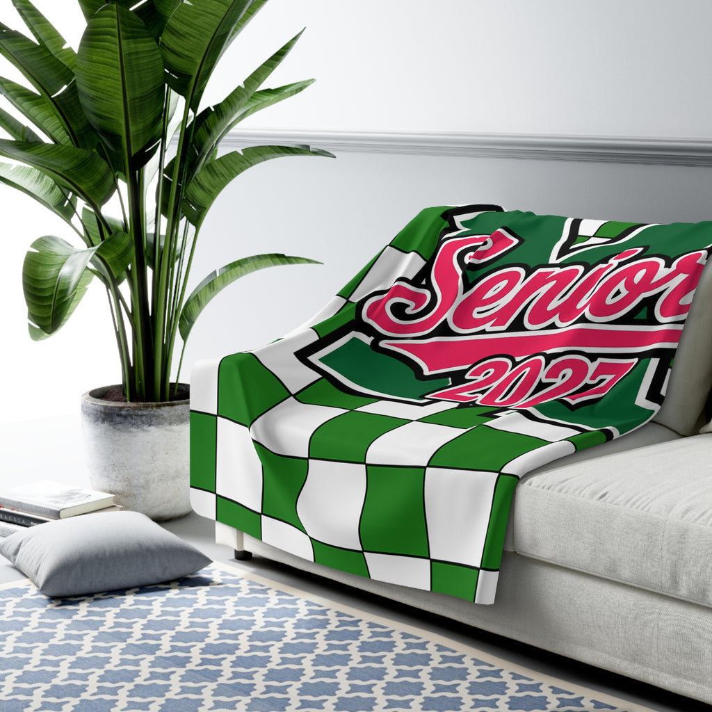 Senior 2027 Sherpa Fleece Blanket – Green Checkerboard Graduation Throw