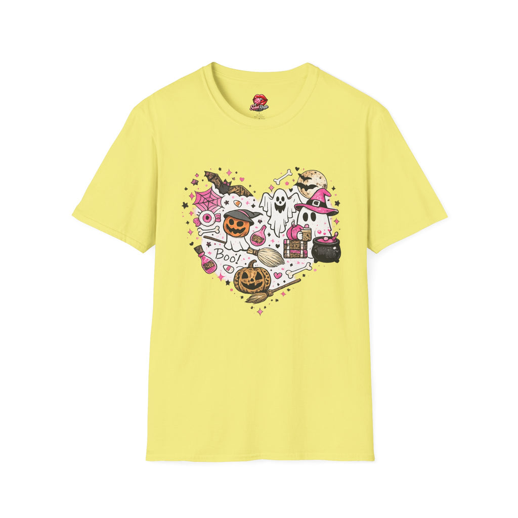 Cute Pink Halloween Characters T-Shirt | Coquette Ghost Pumpkin Graphic Tee | Girly Spooky Season Shirt | Retro Halloween Tee