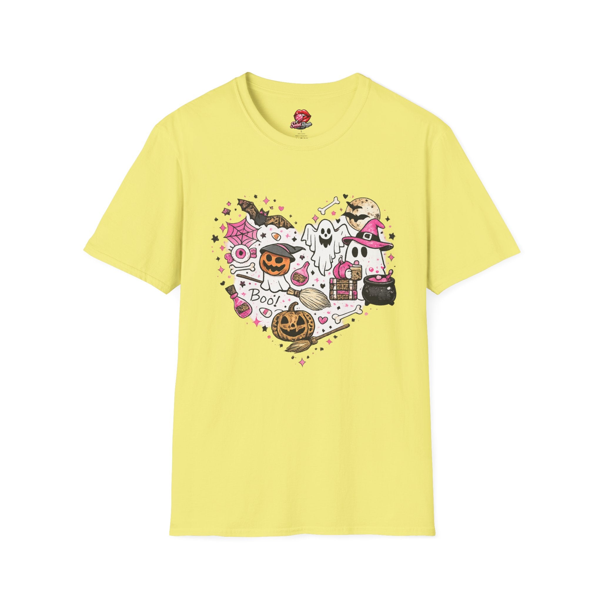 Cute Pink Halloween Characters T-Shirt | Coquette Ghost Pumpkin Graphic Tee | Girly Spooky Season Shirt | Retro Halloween Tee