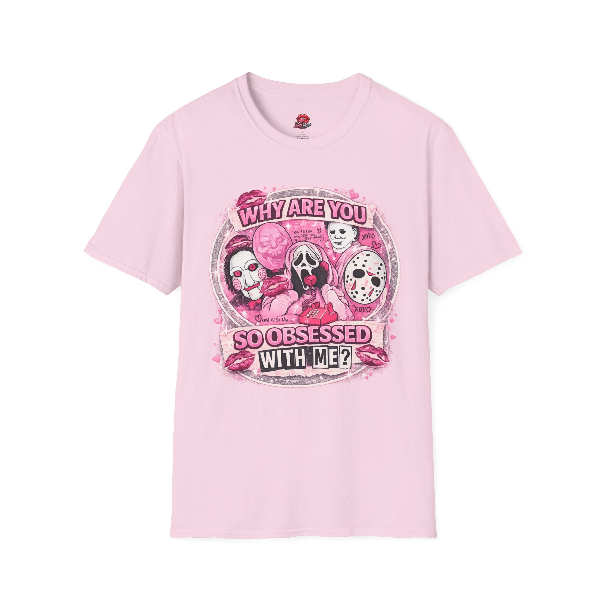 Why Are You So Obsessed With Me? Horror Icons T-Shirt | Pink Spooky Graphic Tee | Cute Halloween Horror Shirt