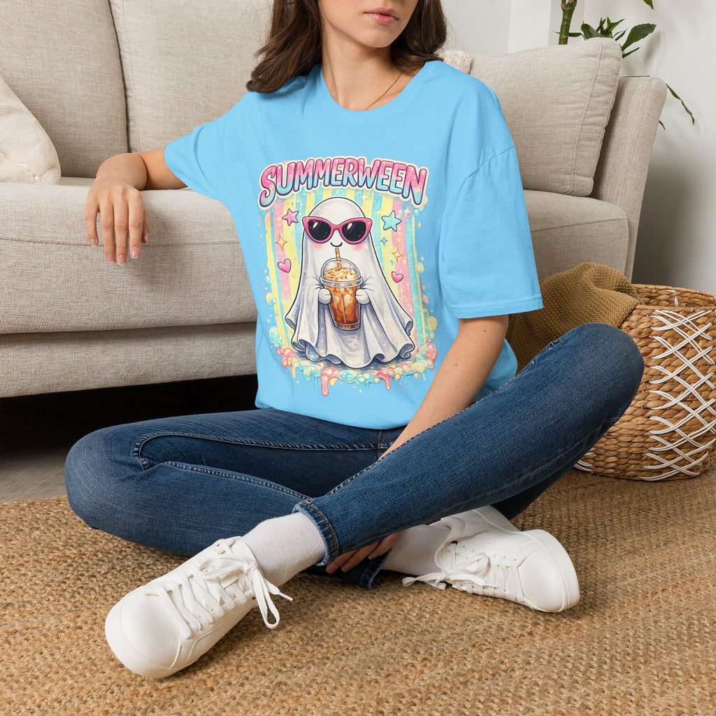 Summerween Ghost Shirt | Cute Retro Ghost with Sunglasses T-Shirt | Beach Halloween Graphic Tee | Spooky Summer Vacation Shirt