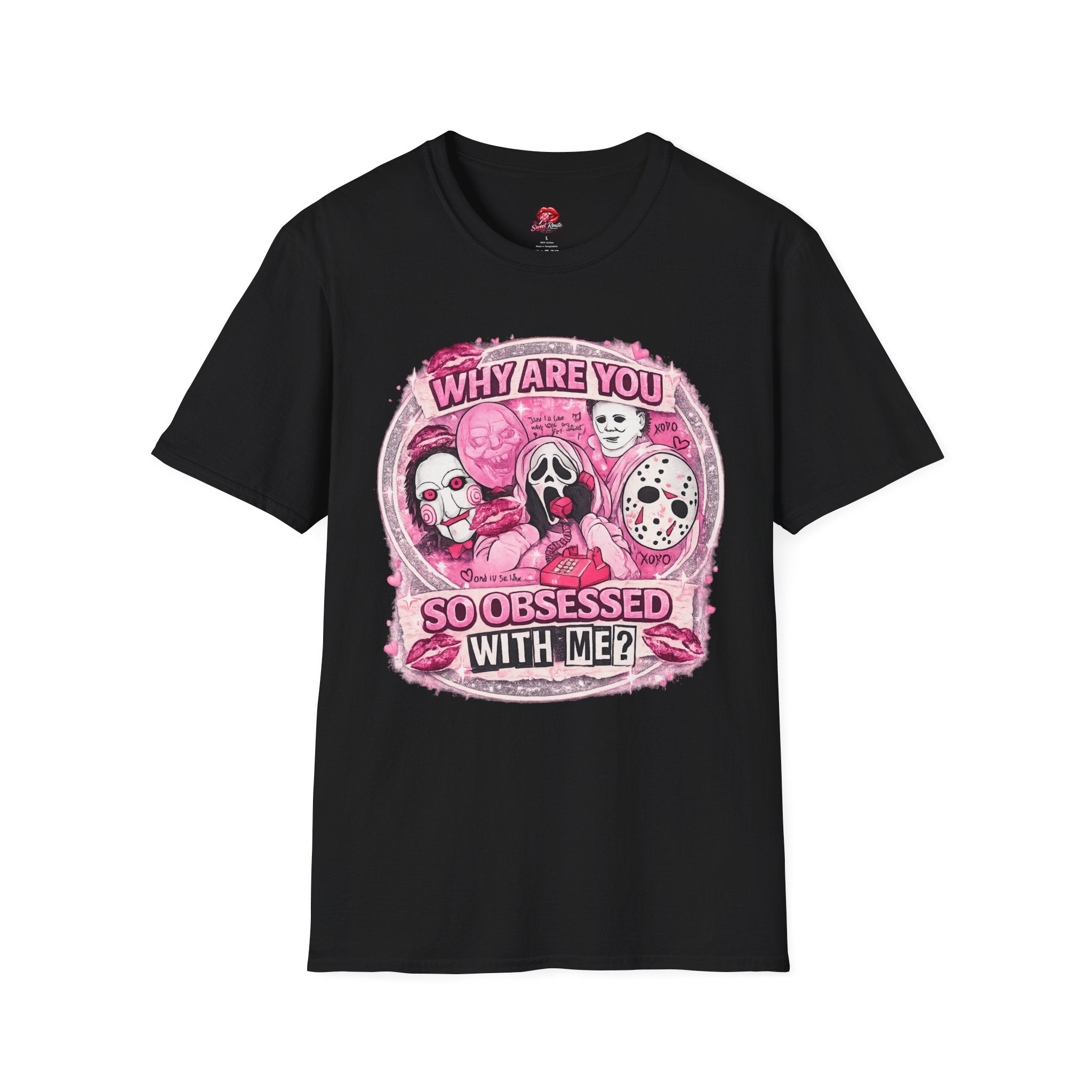 Why Are You So Obsessed With Me? Horror Icons T-Shirt | Pink Spooky Graphic Tee | Cute Halloween Horror Shirt