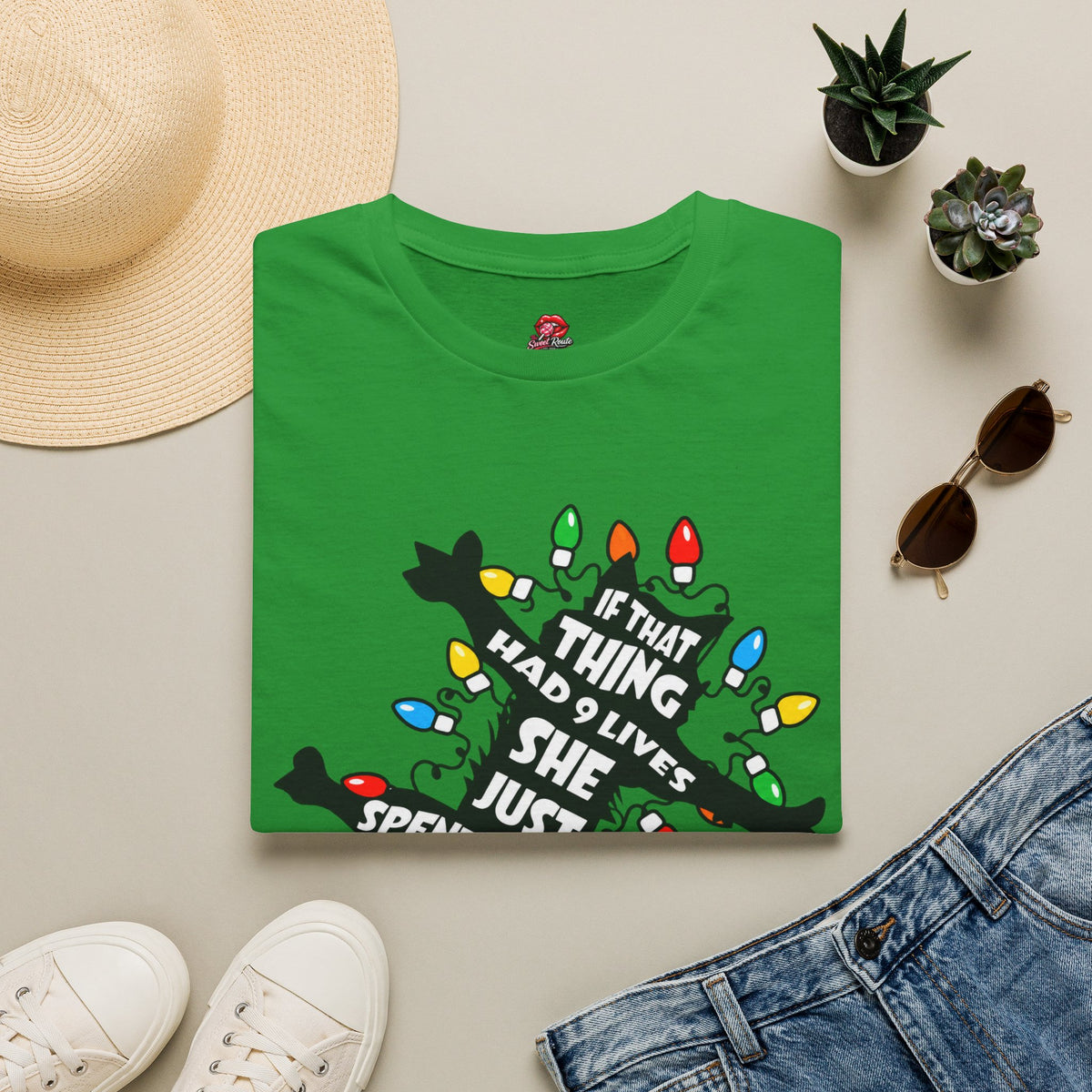 9 Lives Cat and Christmas Lights  T-Shirt