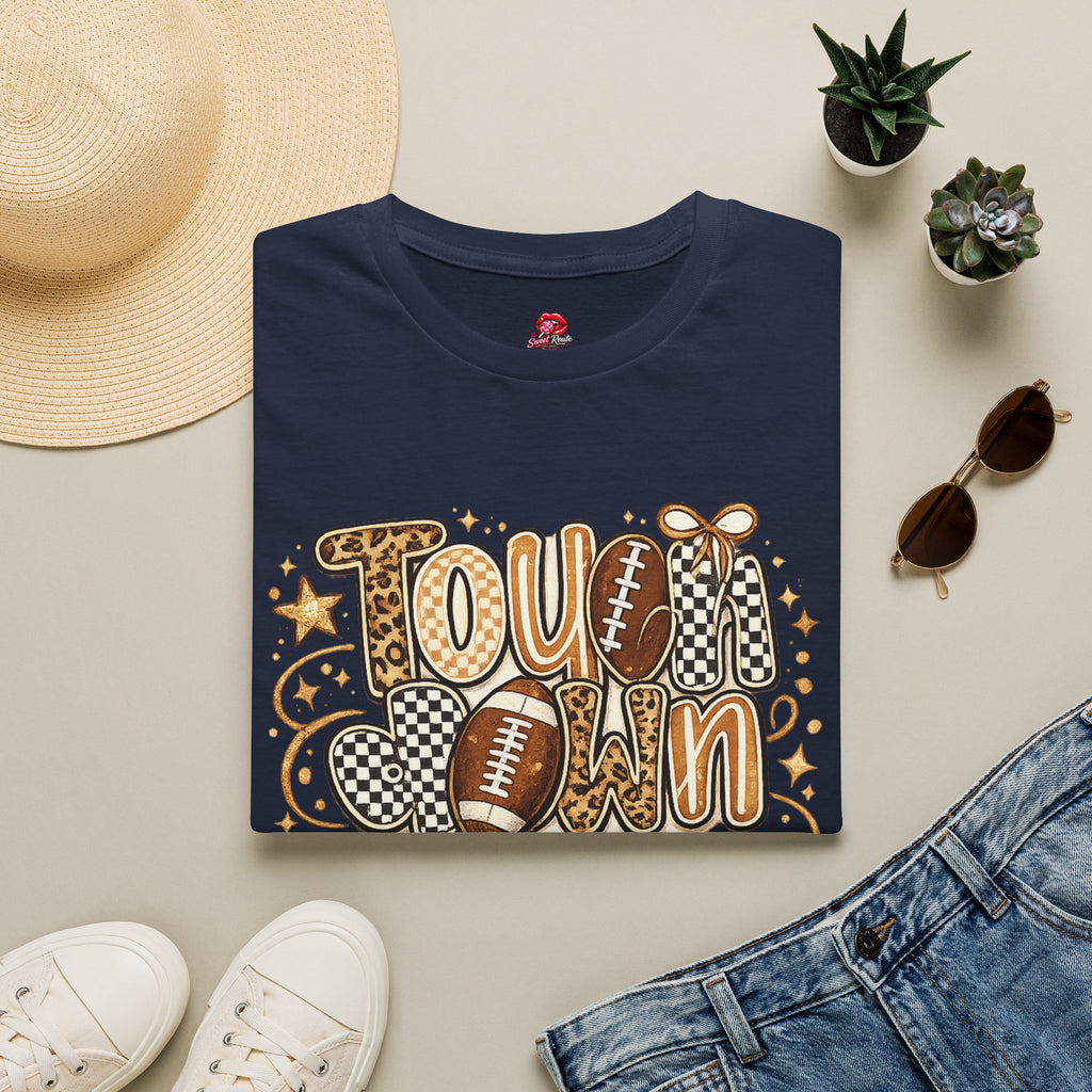 Touchdown Season Leopard & Checkered Football T-Shirt | Cute Game Day Graphic Tee | Women’s Football Season Shirt