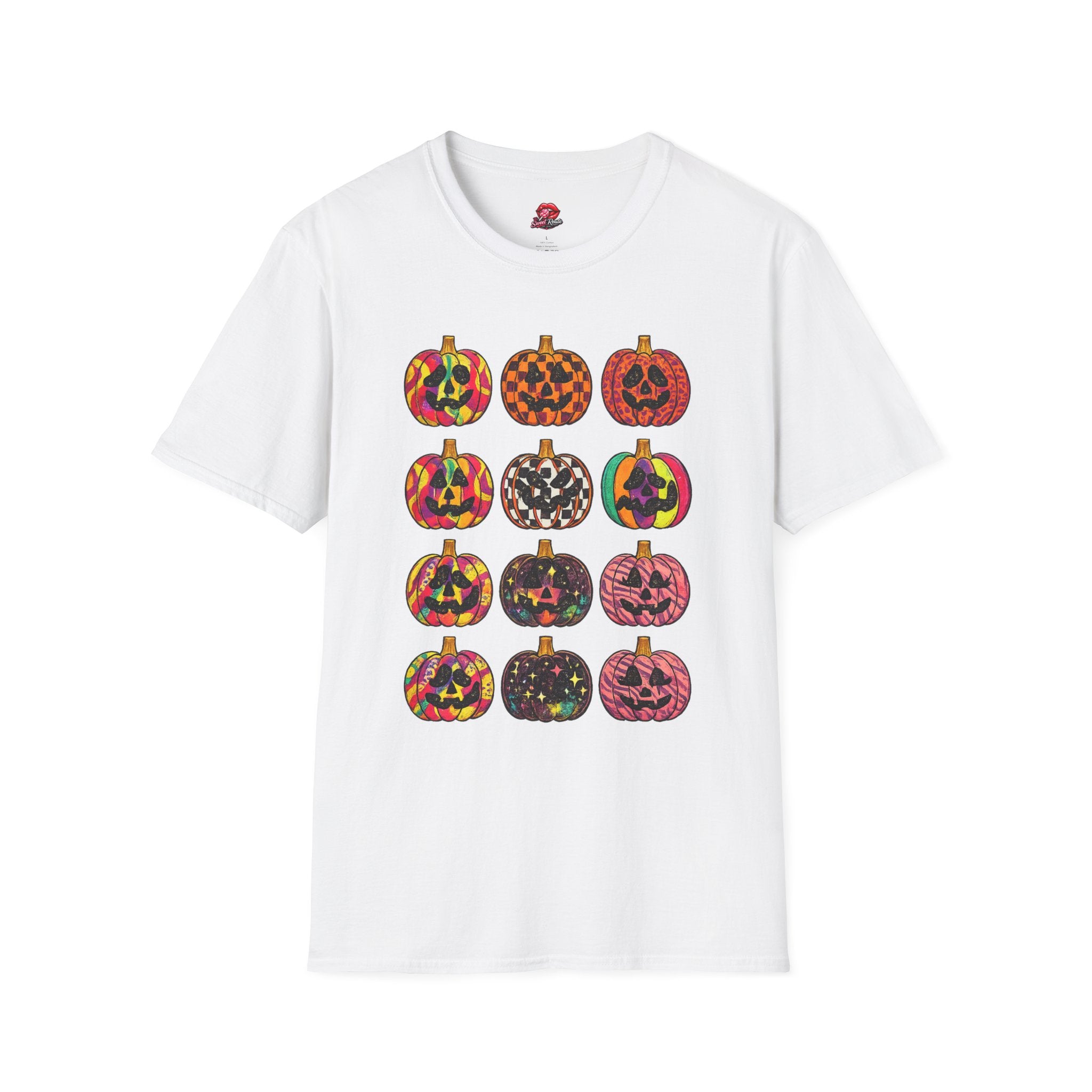 Colorful Jack-O-Lantern pattern T-Shirt | Cute Halloween Pumpkin Graphic Tee | Spooky Season Fall Shirt for Women